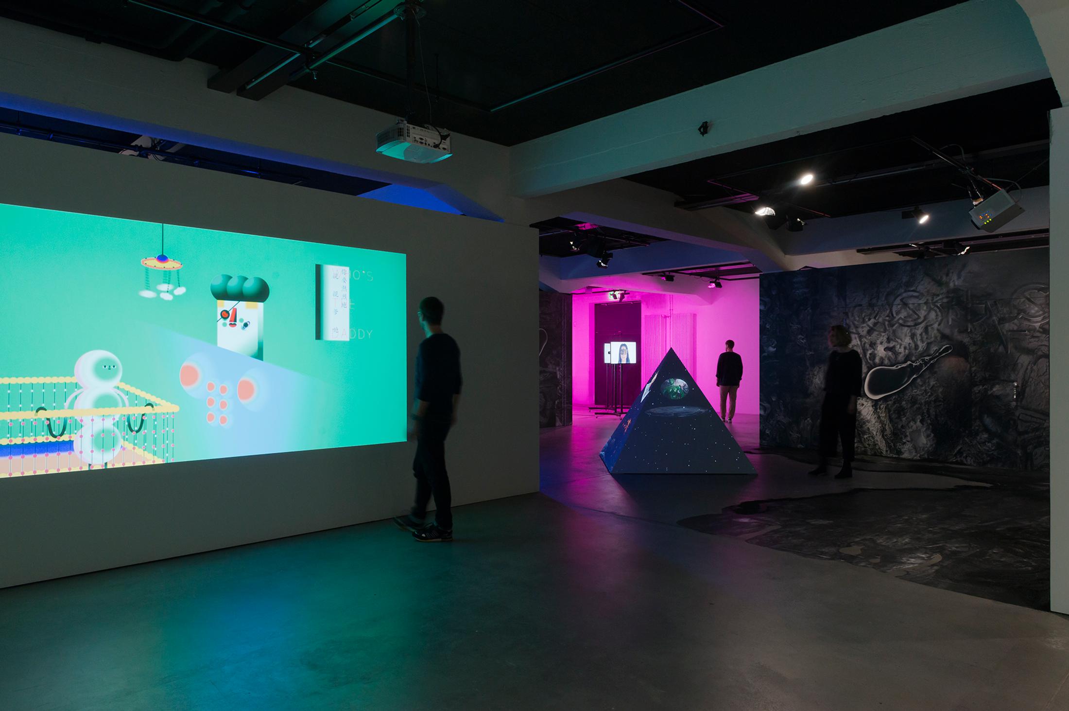 Installation View Wong Ping "Who's the Daddy,  2017" (otl), Tabita Rezaire "Ultra Wet – Rec­apitulation, 2018", Joey Holder "The Evolution of the Spermalege, 2018", !Mediengruppe Bitnik "Ashley Madison Angels At Work in Basel, 2018" (otr)  at HEK, Basel / Photo: Franz Wamhof / Courtesy: the artists