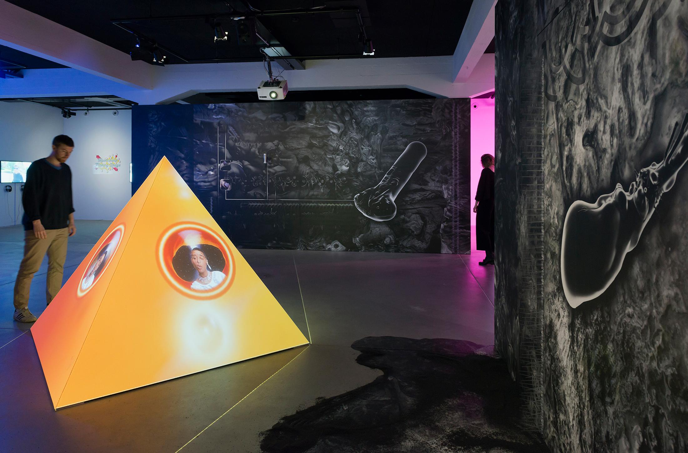 nstallation View Tabita Rezaire "Ultra Wet – Rec­apitulation, 2018" (in front), Joey Holder "The Evolution of the Spermalege, 2018" (on the right and background) at HEK, Basel / Photo: Franz Wamhof / Courtesy: the artists