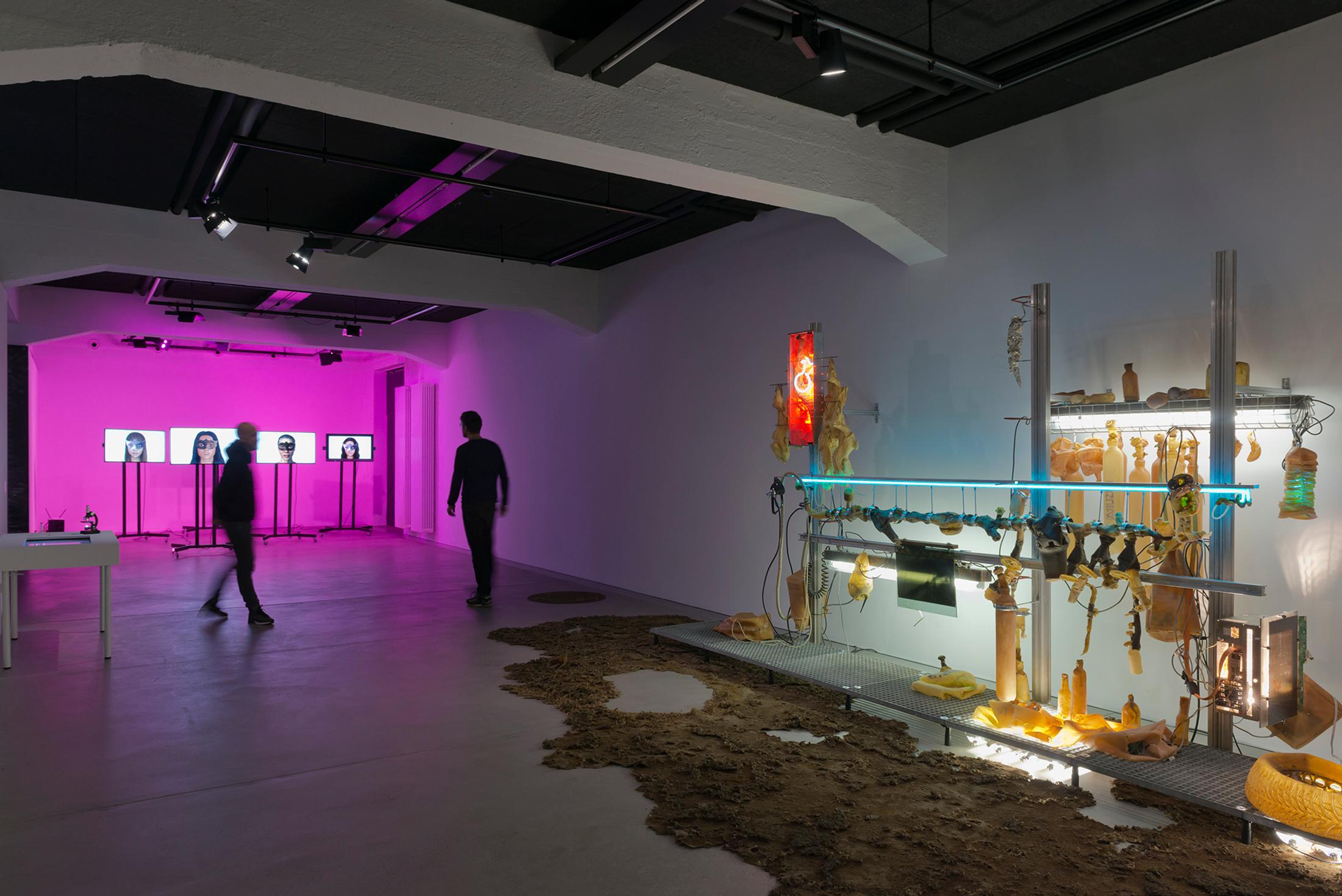 Installation View Chloé Delarue "TAFAA – HIVE, 2018" (right), !Mediengruppe Bitnik "Ashley Madison Angels At Work in Basel, 2018" (background) at HEK, Basel / Photo: Franz Wamhof / Courtesy: the artists