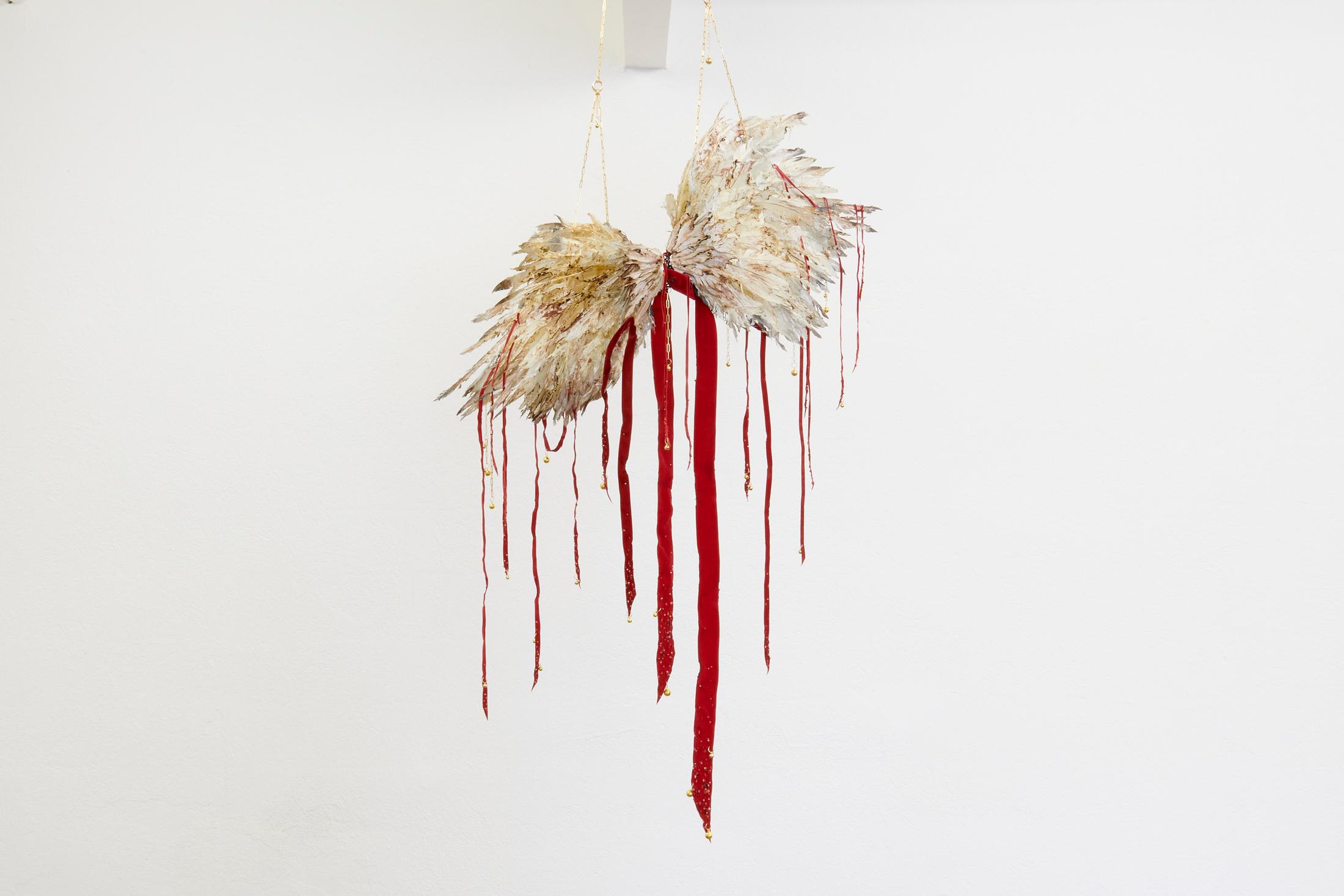 Exhibition View «Giggling Softly, Smiling Big; view on Gaïa Lamarre, Golden Cage Upon This Crimson Sky, 2020» at WallStreet, Fribourg, 2021 / Photo: Guillaume Python / Courtesy: the artist and WallStreet