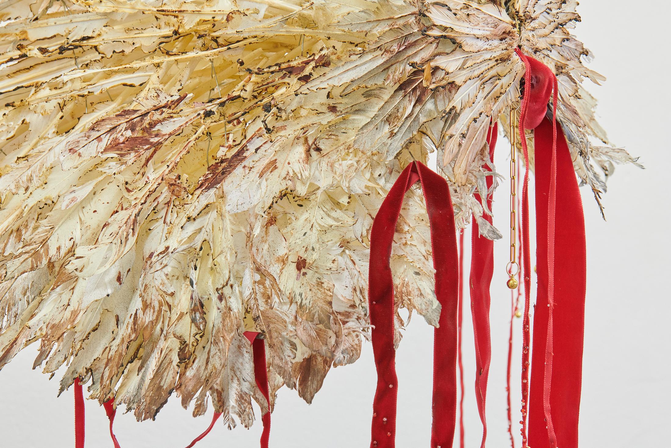 Exhibition View «Giggling Softly, Smiling Big; view on Gaïa Lamarre, Golden Cage Upon This Crimson Sky, 2020» at WallStreet, Fribourg, 2021 / Photo: Guillaume Python / Courtesy: the artist and WallStreet