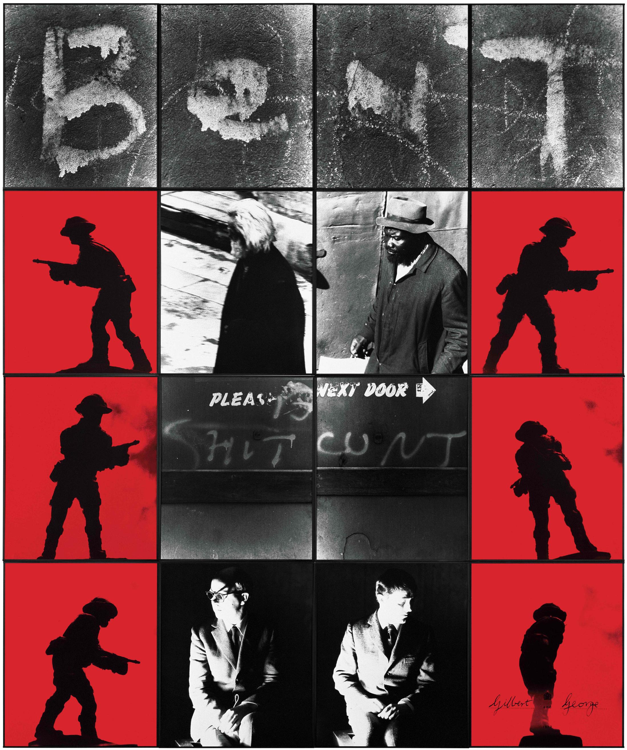 Exhibition View Gilbert & George «THE GREAT EXHIBITION, 1971–2016; view on BENT SHIT CUNT, 1977» at Kunsthalle Zürich & Luma Westbau, Zurich, 2020 / © Gilbert & George / Courtesy: the artists, Kunsthalle Zürich & Luma Westbau