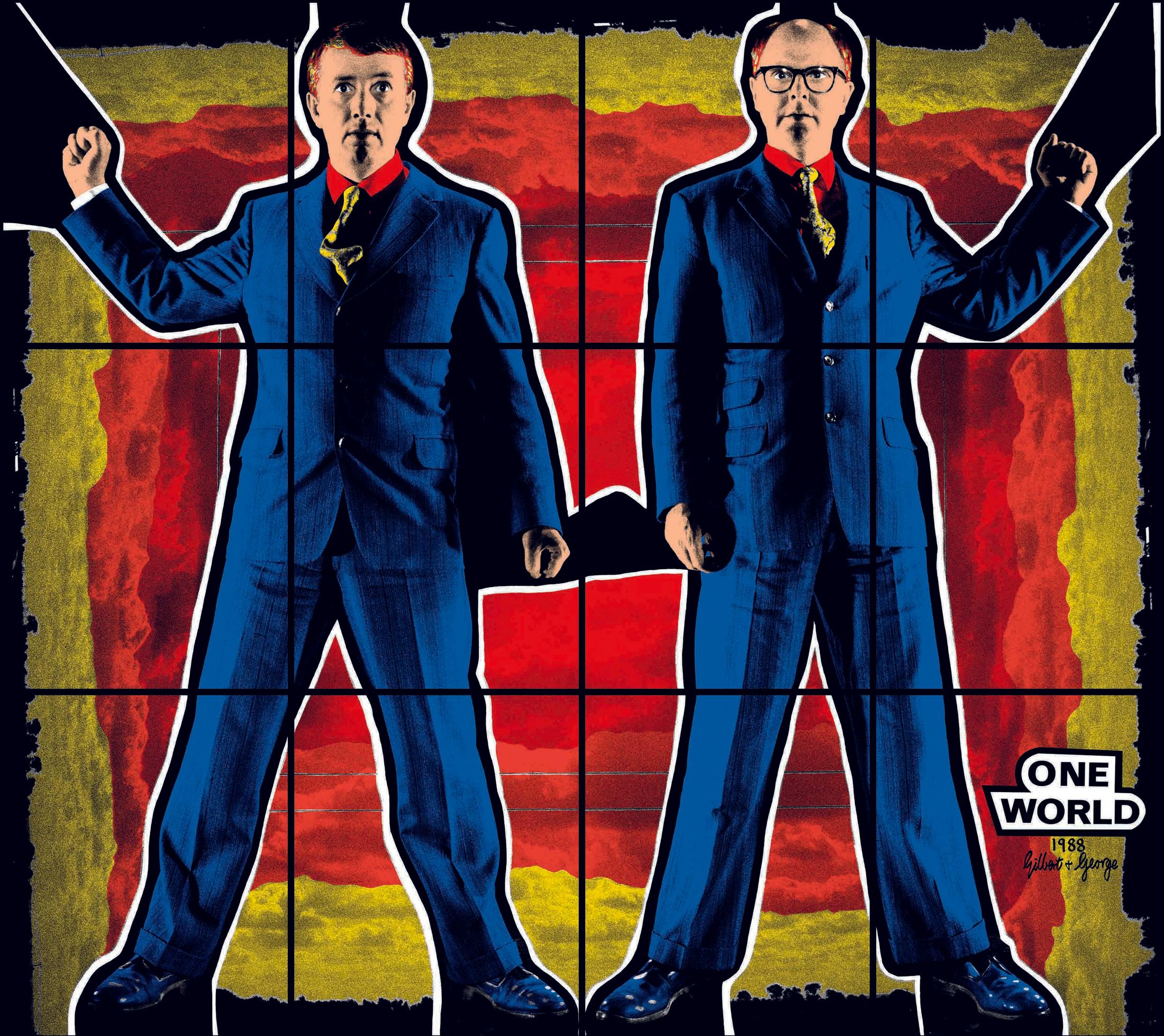 Exhibition View Gilbert & George «THE GREAT EXHIBITION, 1971–2016; view on ONE WORLD, 1988» at Kunsthalle Zürich & Luma Westbau, Zurich, 2020 / © Gilbert & George / Courtesy: the artists, Kunsthalle Zürich & Luma Westbau