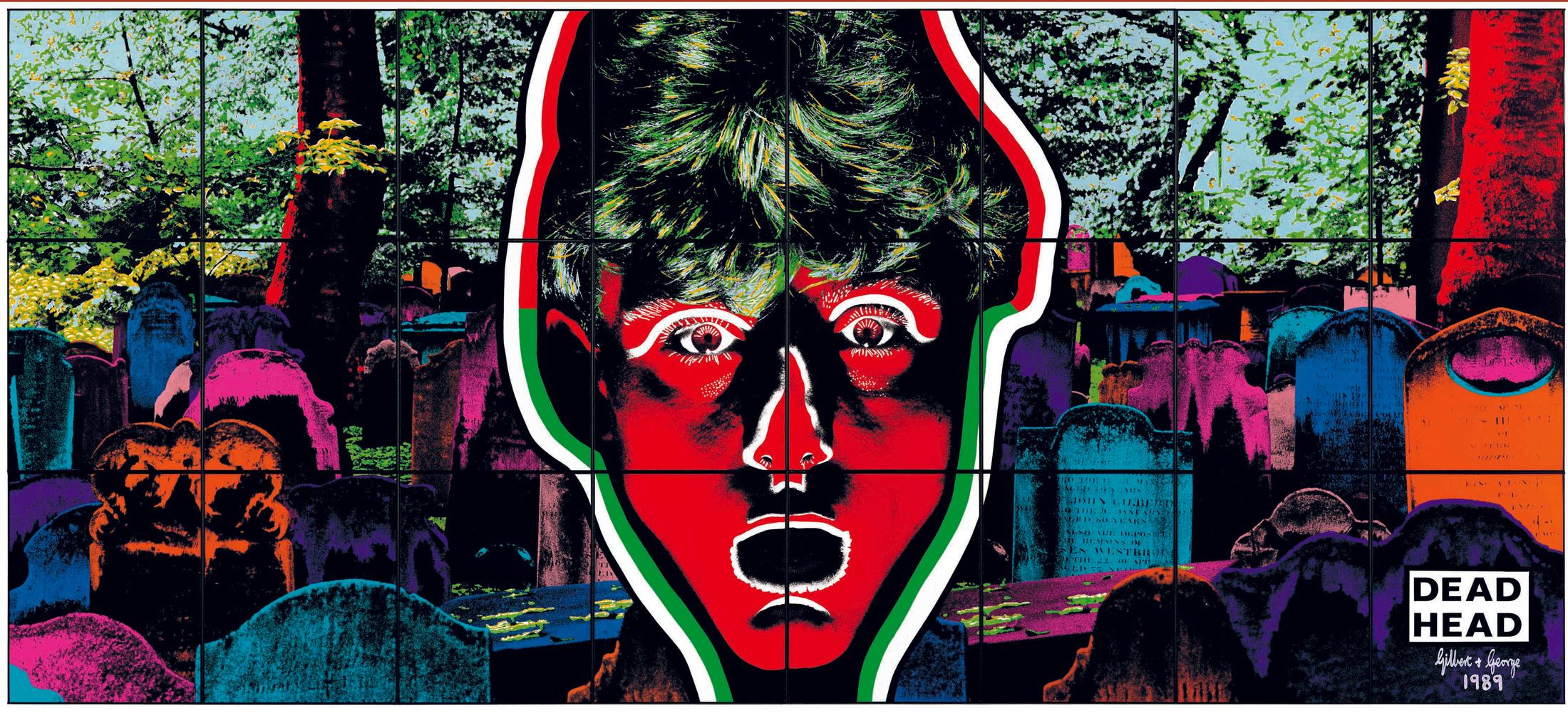 Exhibition View Gilbert & George «THE GREAT EXHIBITION, 1971–2016; view on DEAD HEAD, 1989» at Kunsthalle Zürich & Luma Westbau, Zurich, 2020 / © Gilbert & George / Courtesy: the artists, Kunsthalle Zürich & Luma Westbau