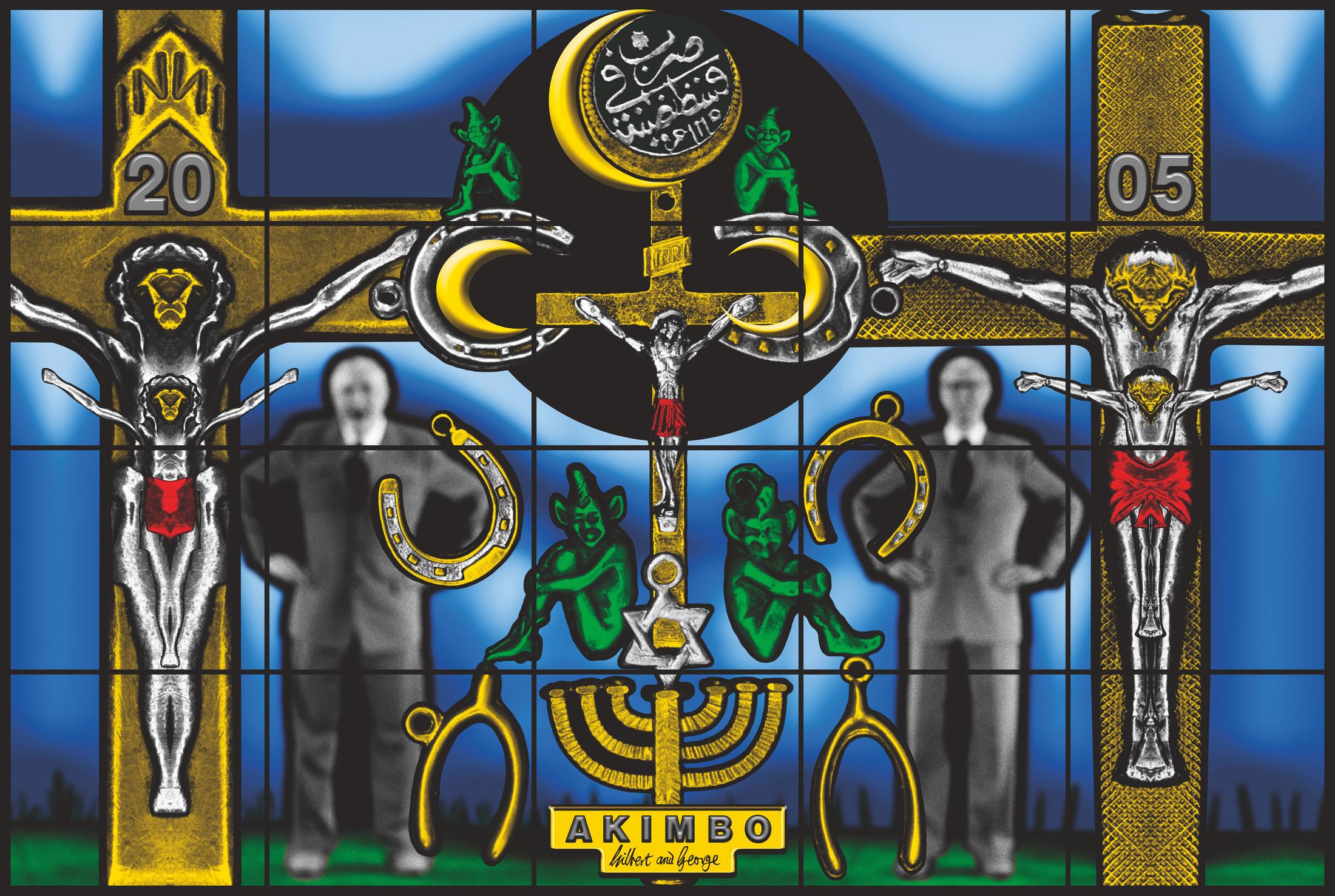 Exhibition View Gilbert & George «THE GREAT EXHIBITION, 1971–2016; view on AKIMBO, 2005» at Kunsthalle Zürich & Luma Westbau, Zurich, 2020 / © Gilbert & George / Courtesy: the artists, Kunsthalle Zürich & Luma Westbau