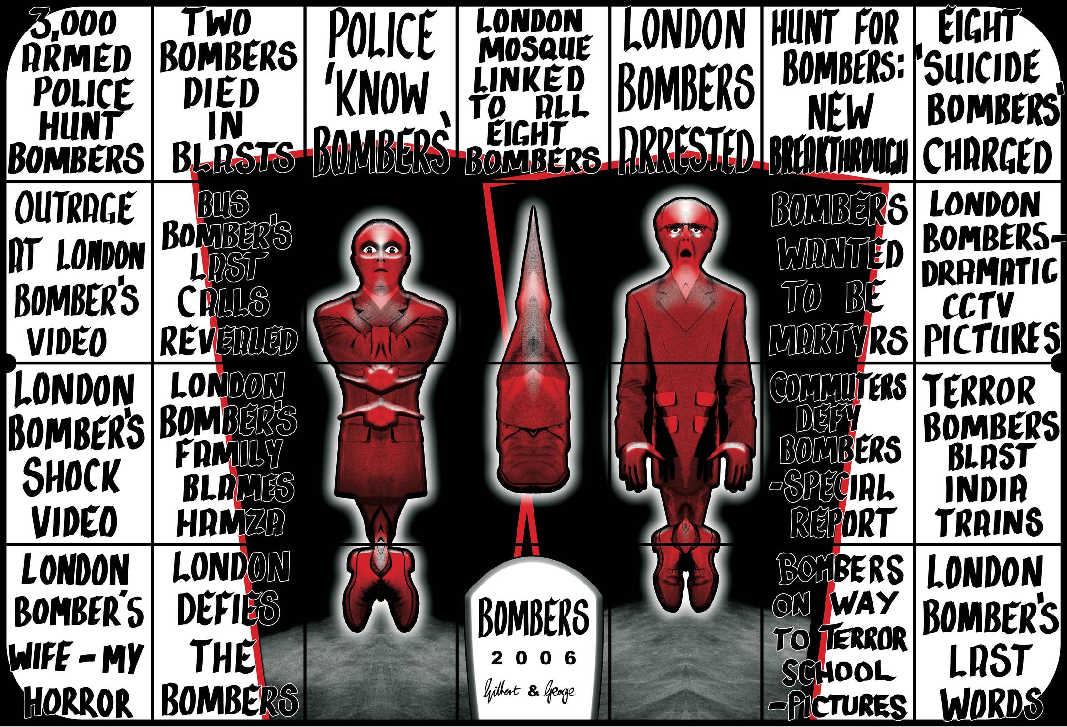 Exhibition View Gilbert & George «THE GREAT EXHIBITION, 1971–2016; view on BOMBERS, 2006» at Kunsthalle Zürich & Luma Westbau, Zurich, 2020 / © Gilbert & George / Courtesy: the artists, Kunsthalle Zürich & Luma Westbau