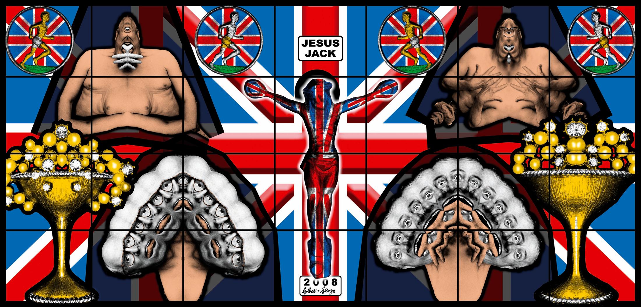 Exhibition View Gilbert & George «THE GREAT EXHIBITION, 1971–2016; view on JESUS JACK, 2008» at Kunsthalle Zürich & Luma Westbau, Zurich, 2020 / © Gilbert & George / Courtesy: the artists, Kunsthalle Zürich & Luma Westbau
