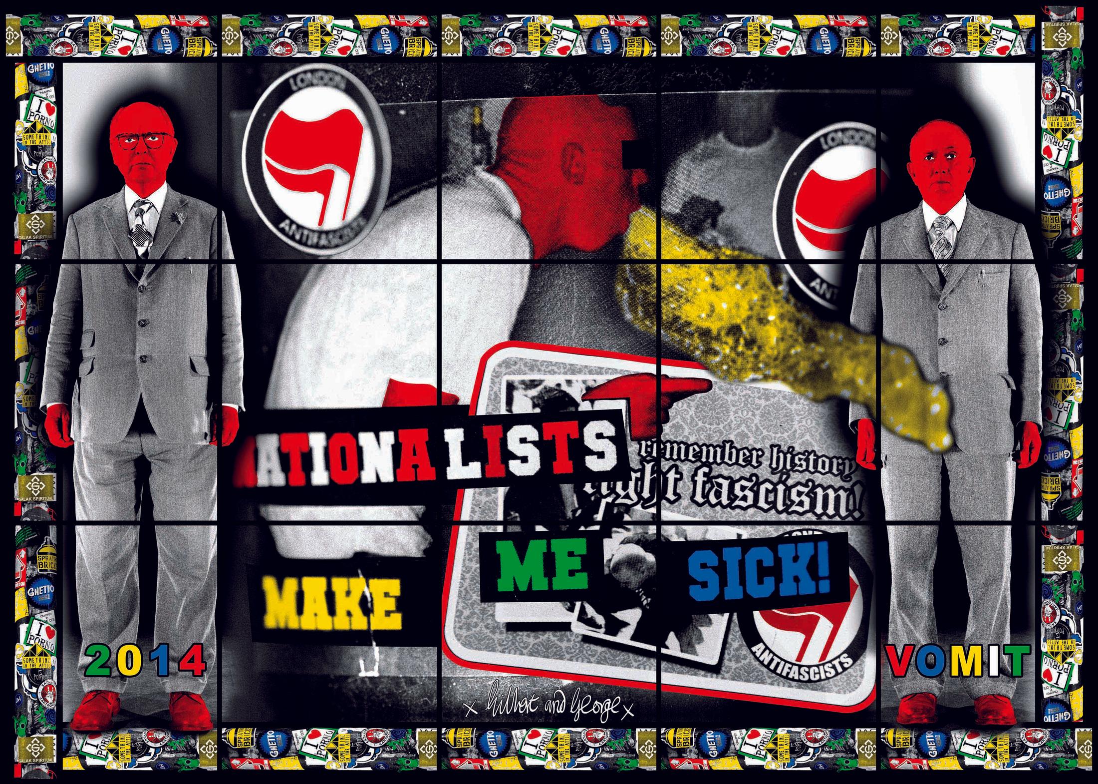 Exhibition View Gilbert & George «THE GREAT EXHIBITION, 1971–2016; view on VOMIT, 2014» at Kunsthalle Zürich & Luma Westbau, Zurich, 2020 / © Gilbert & George / Courtesy: the artists, Kunsthalle Zürich & Luma Westbau