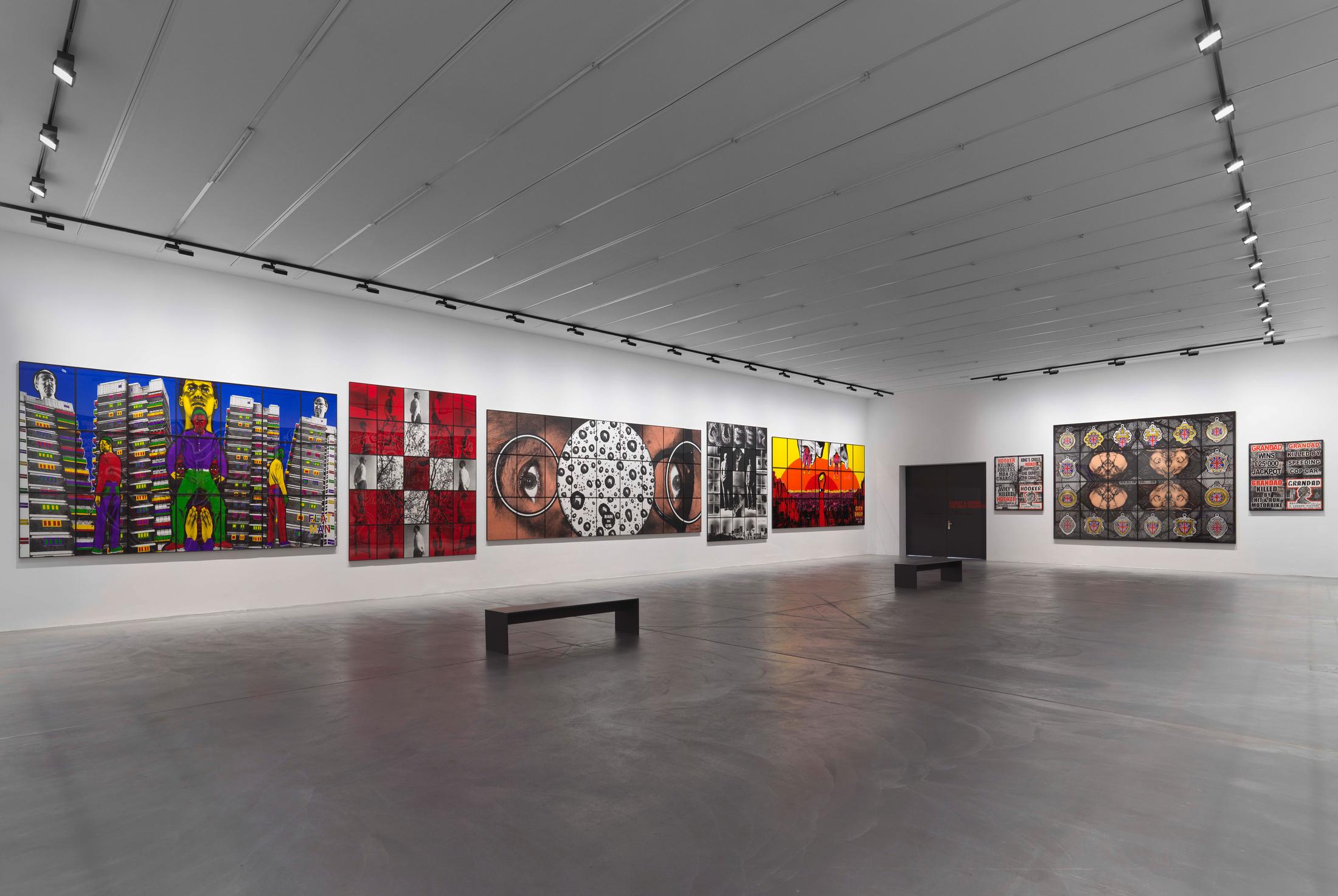 Exhibition View Gilbert & George «THE GREAT EXHIBITION, 1971–2016» at Kunsthalle Zürich & Luma Westbau, Zurich, 2020 / Photo: Stefan Altenburger / Courtesy: the artists, Kunsthalle Zürich & Luma Westbau