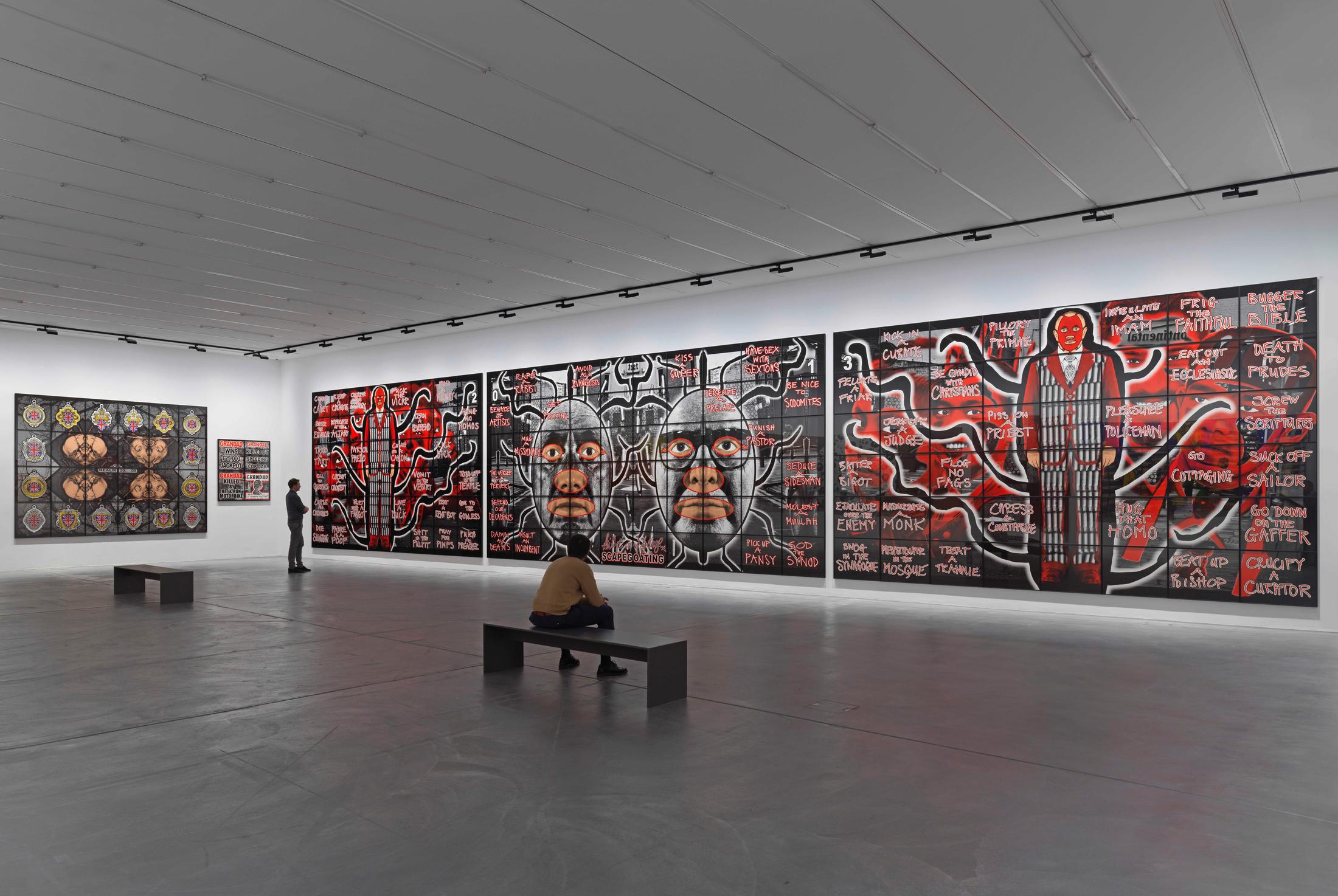 Exhibition View Gilbert & George «THE GREAT EXHIBITION, 1971–2016» at Kunsthalle Zürich & Luma Westbau, Zurich, 2020 / Photo: Stefan Altenburger / Courtesy: the artists, Kunsthalle Zürich & Luma Westbau