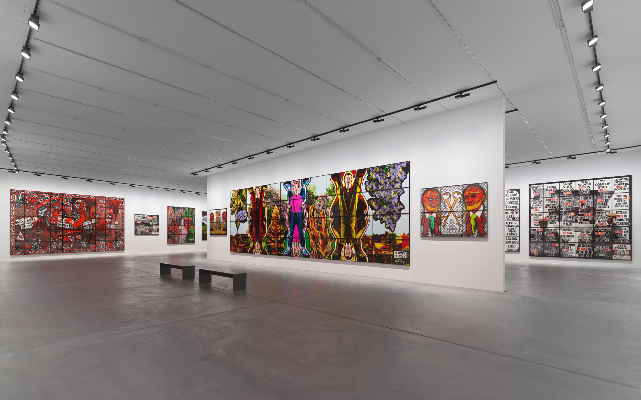 Exhibition View Gilbert & George «THE GREAT EXHIBITION, 1971–2016» at Kunsthalle Zürich & Luma Westbau, Zurich, 2020 / Photo: Stefan Altenburger / Courtesy: the artists, Kunsthalle Zürich & Luma Westbau