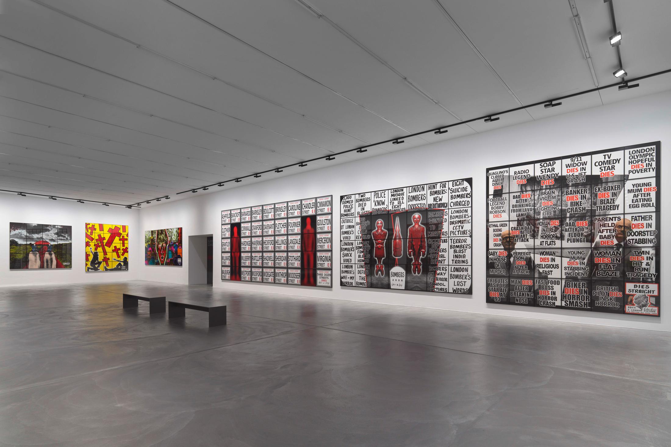 Exhibition View Gilbert & George «THE GREAT EXHIBITION, 1971–2016» at Kunsthalle Zürich & Luma Westbau, Zurich, 2020 / Photo: Stefan Altenburger / Courtesy: the artists, Kunsthalle Zürich & Luma Westbau