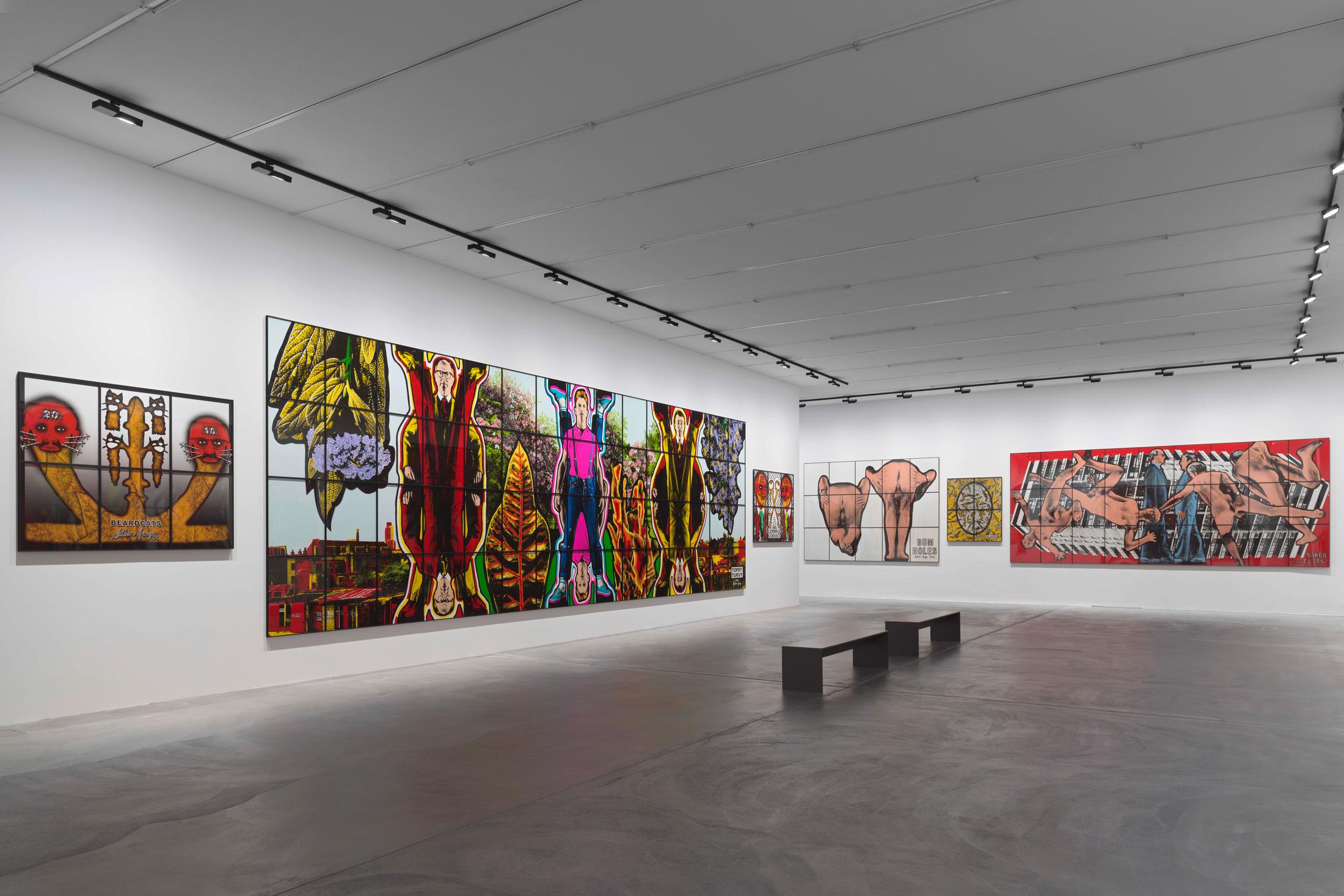 Exhibition View Gilbert & George «THE GREAT EXHIBITION, 1971–2016» at Kunsthalle Zürich & Luma Westbau, Zurich, 2020 / Photo: Stefan Altenburger / Courtesy: the artists, Kunsthalle Zürich & Luma Westbau