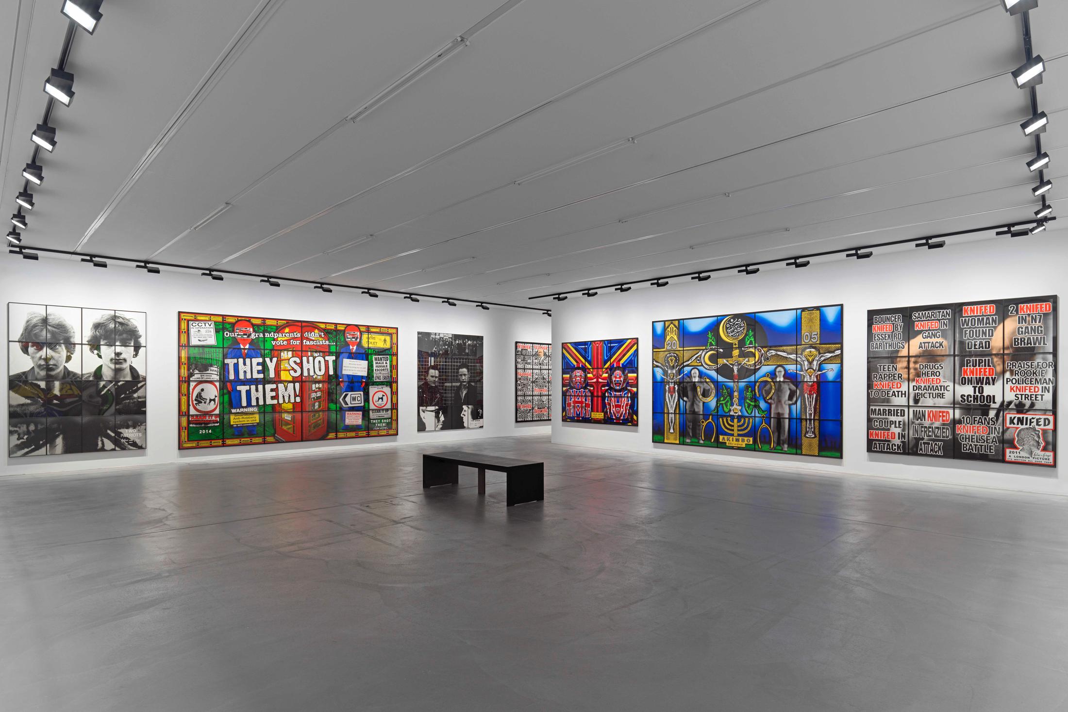 Exhibition View Gilbert & George «THE GREAT EXHIBITION, 1971–2016» at Kunsthalle Zürich & Luma Westbau, Zurich, 2020 / Photo: Stefan Altenburger / Courtesy: the artists, Kunsthalle Zürich & Luma Westbau