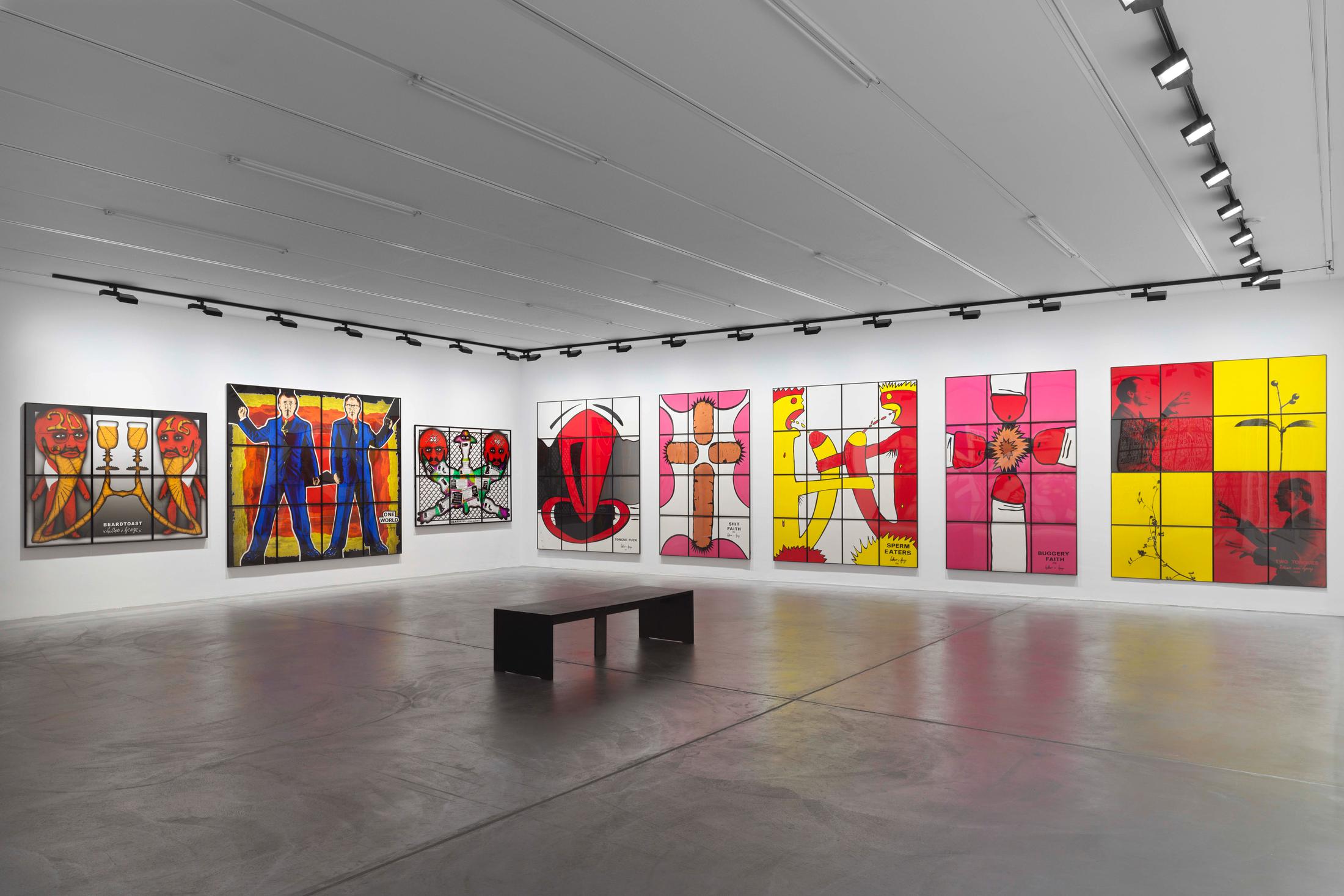 Exhibition View Gilbert & George «THE GREAT EXHIBITION, 1971–2016» at Kunsthalle Zürich & Luma Westbau, Zurich, 2020 / Photo: Stefan Altenburger / Courtesy: the artists, Kunsthalle Zürich & Luma Westbau