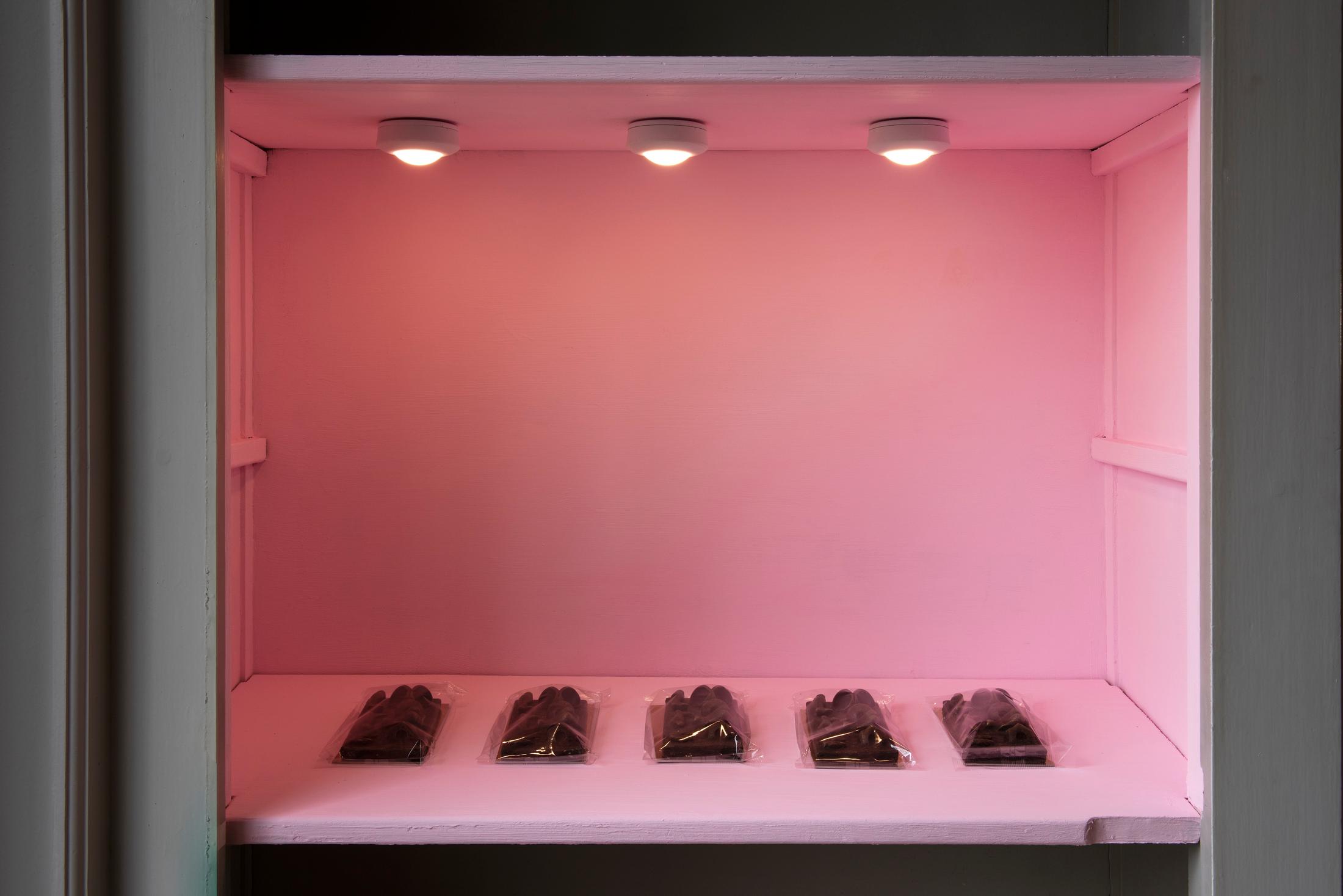 Exhibition View Giulia Essyad Soloshow «Chocolate Factory; view on Doll Parts, 2020» at Cherish, Geneva, 2020 / Photo: James Bantone / Courtesy: the artist and Cherish