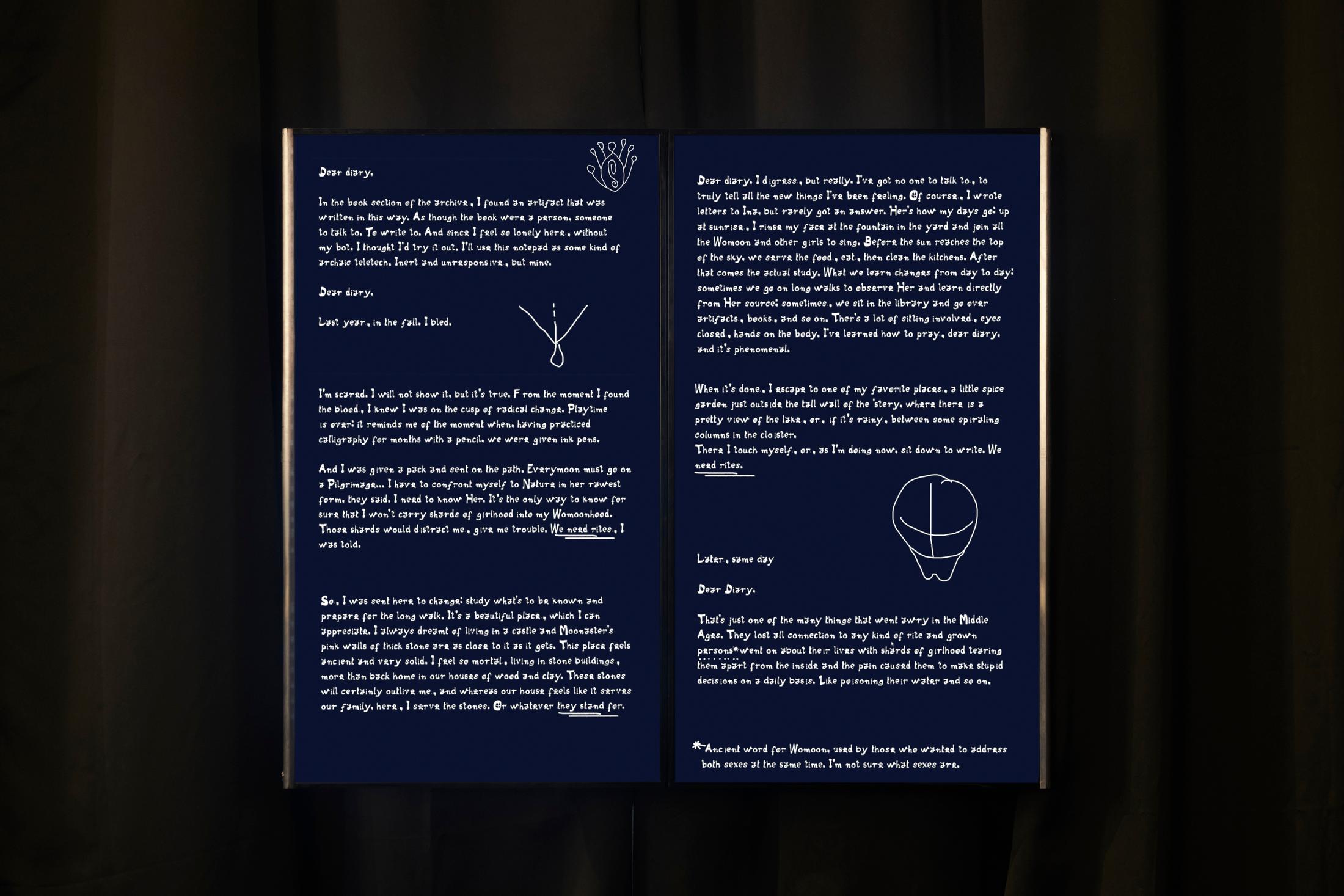 Exhibition View Giulia Essyad Solo Show «A Selene Blues; view on Giulia Essyad, NARIAS NOTEBOOK, 2020» at Fri Art, Fribourg, 2020 / Photo: Guillaume Python / Courtesy: the artist and Fri Art Kunsthalle