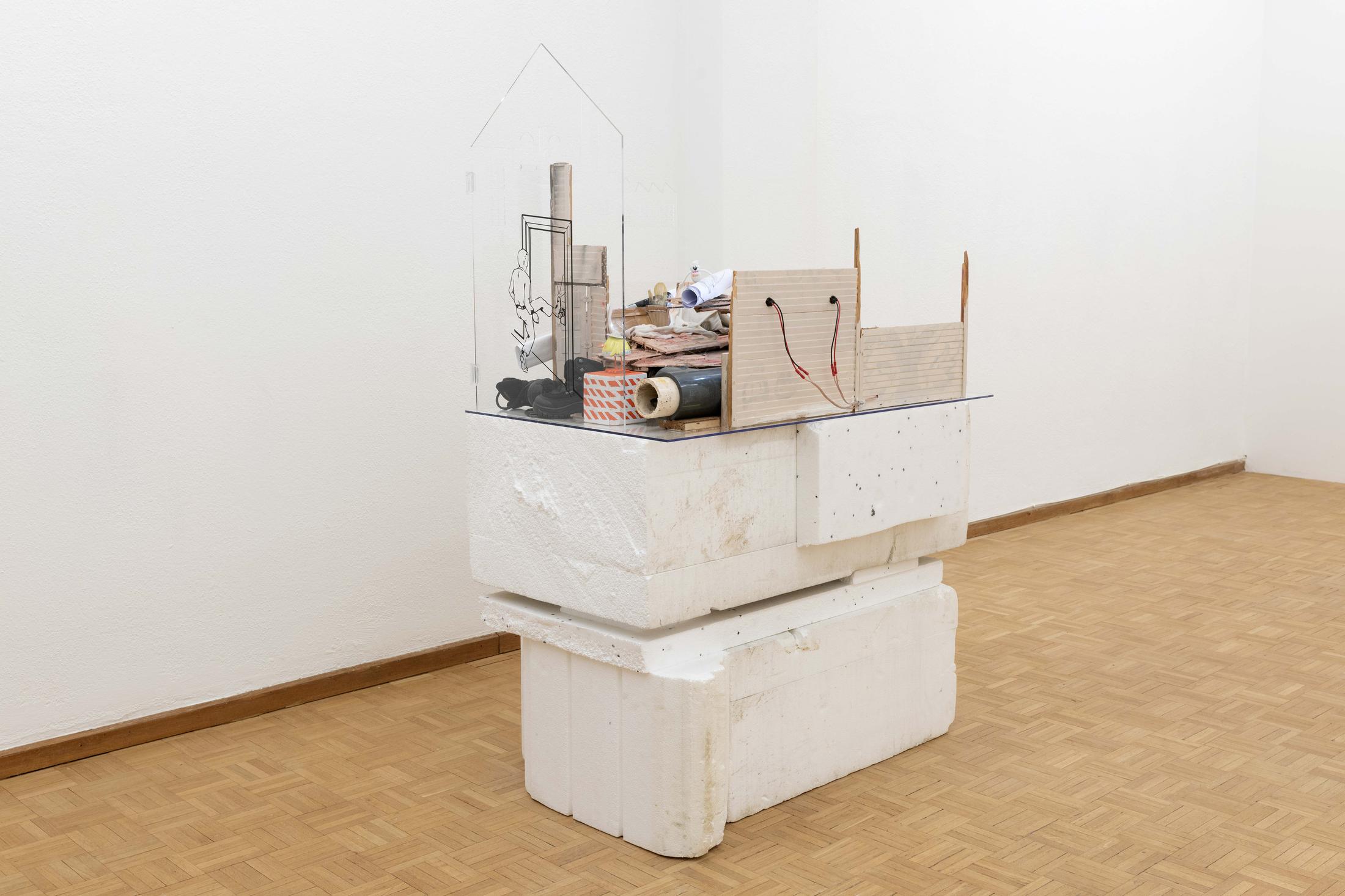 Exhibition View Group Show «Grand Miniature; view on Mathis Altmann, Retail, Restaurant, Gallery, Living, 2018, Wood, lasercut acrylic, decal, paint, airbrush, paper, LEDs, styrofoam, miniatures, 150 x 100 x 70 cm» at Sentiment, Zurich, 2020 / Courtesy: the artist and Sentiment