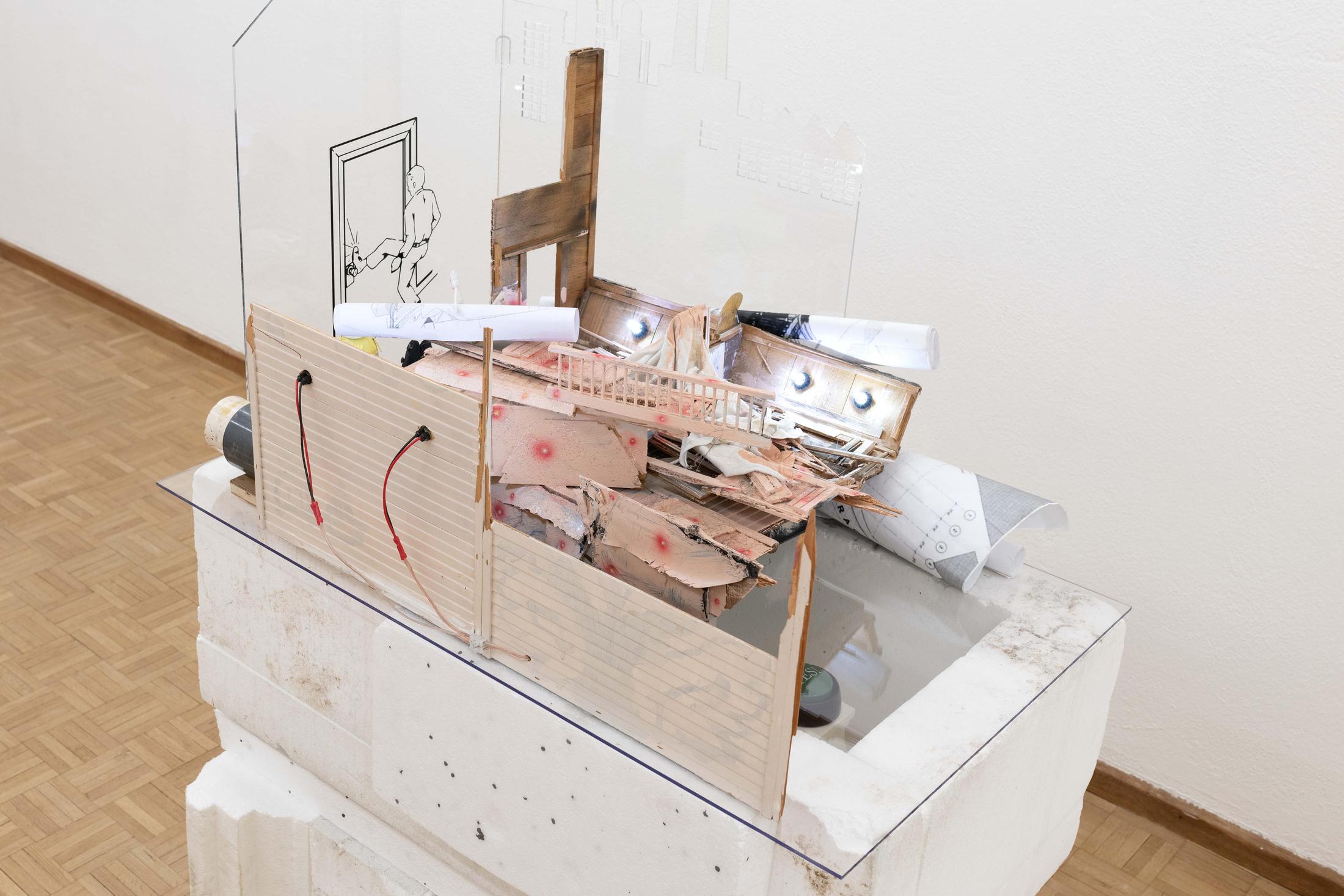 Exhibition View Group Show «Grand Miniature; view on Mathis Altmann, Retail, Restaurant, Gallery, Living, 2018, Wood, lasercut acrylic, decal, paint, airbrush, paper, LEDs, styrofoam, miniatures, 150 x 100 x 70 cm» at Sentiment, Zurich, 2020 / Courtesy: the artist and Sentiment