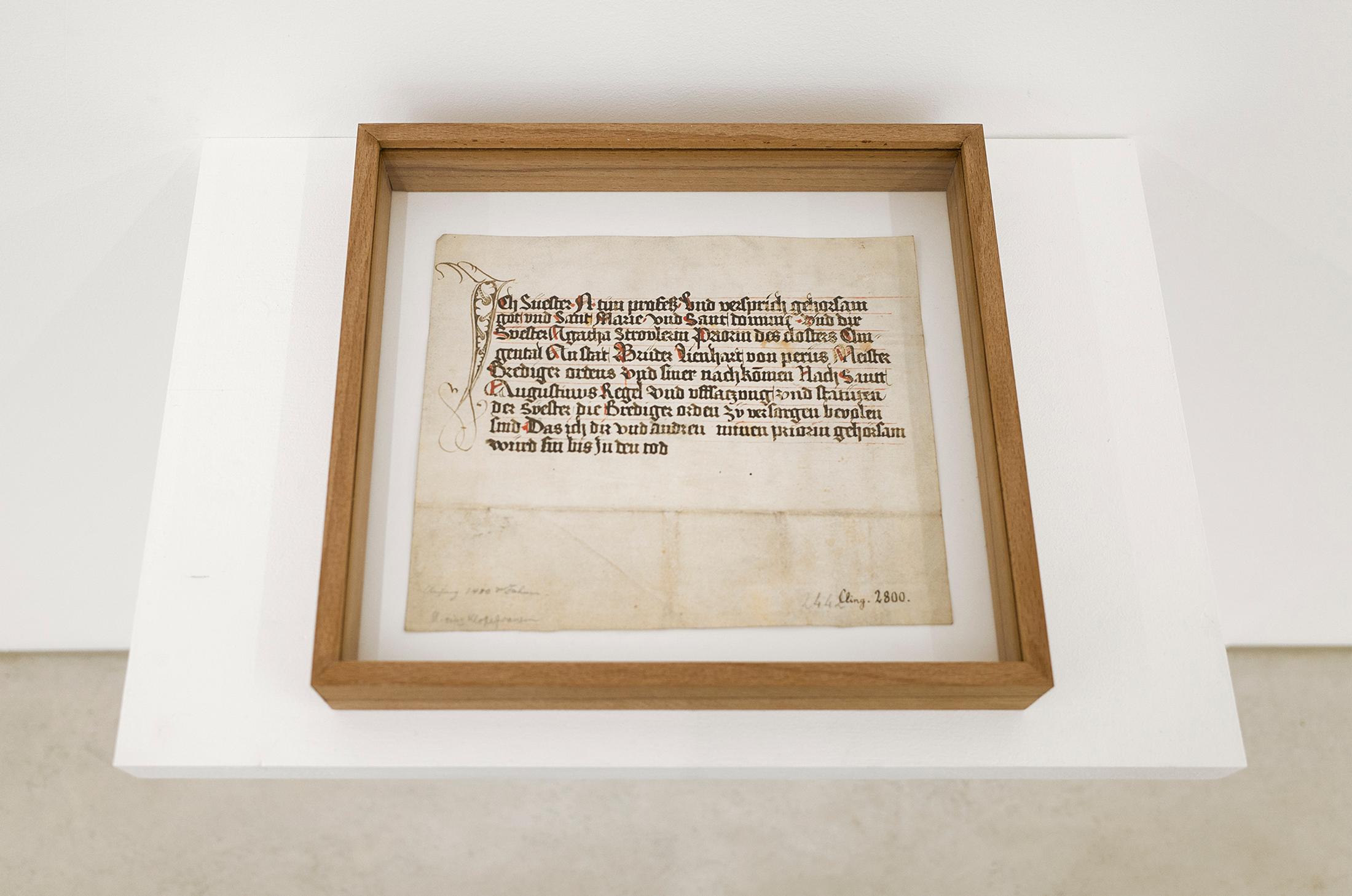 Exhibition View Groupshow «Grandfather's Axe; view on Profess-Blatt der Reformschwester, (Staatsarchiv Basel-Stadt, Klosterarchiv, Klingental, HH5), 1480» at Austellungsraum Klingental, Basel, 2020 / Courtesy: the artists and Ausstellungsraum Klingental