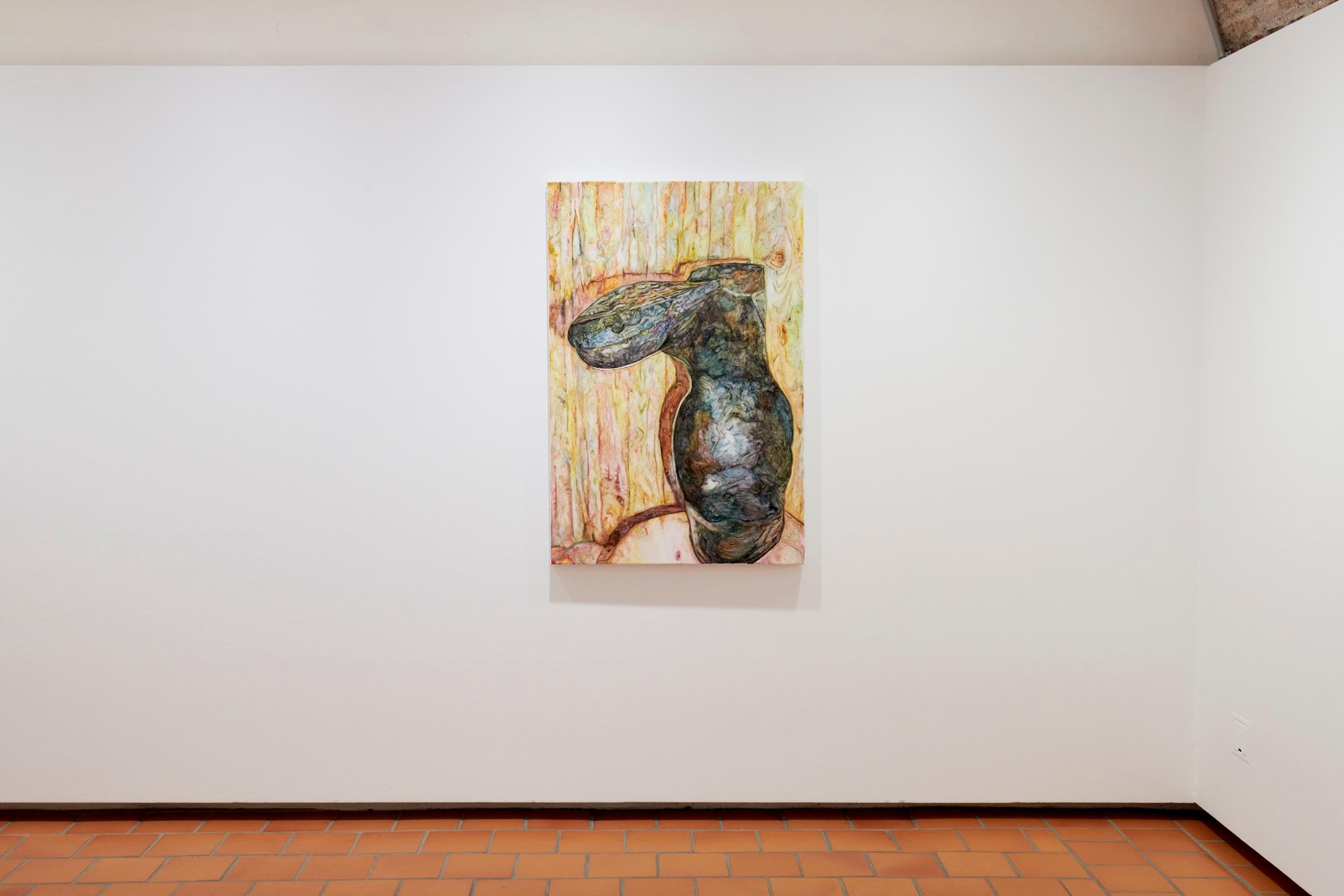 Exhibition View Grégory Sugnaux Solo Show «data romance; view on Grégory Sugneaux, Short Coma, 2022, 120x80cm, gouache and acrylic on canvas» at Château de Gruyères, Fribourg / Photo: Guillaume Python / Courtesy: the artist and Chateau de Gruyères