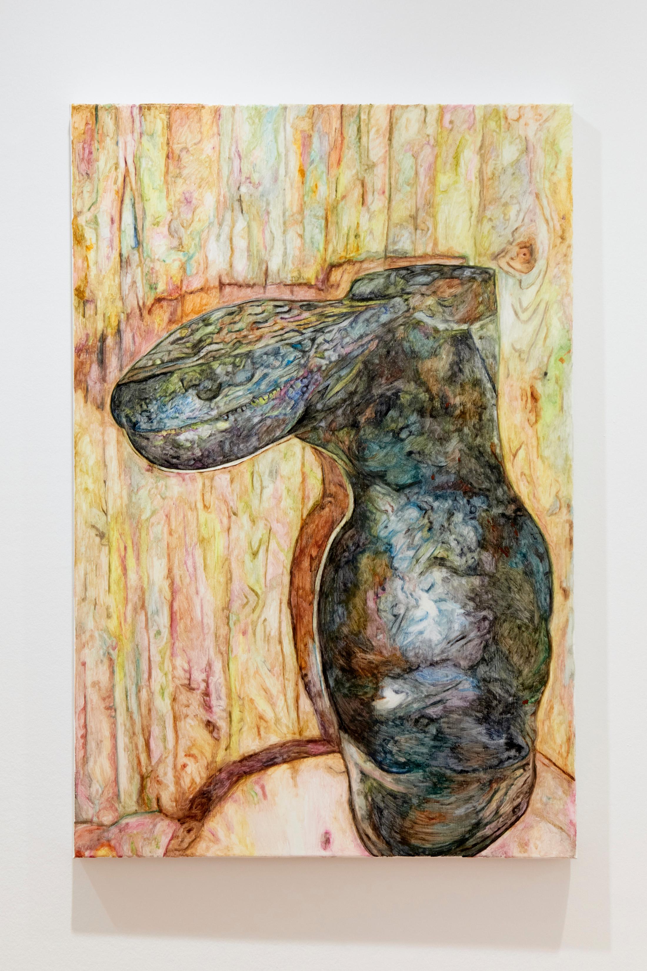 Exhibition View Grégory Sugnaux Solo Show «data romance; view on Grégory Sugneaux, Short Coma, 2022, 120x80cm, gouache and acrylic on canvas» at Château de Gruyères, Fribourg / Photo: Guillaume Python / Courtesy: the artist and Chateau de Gruyères