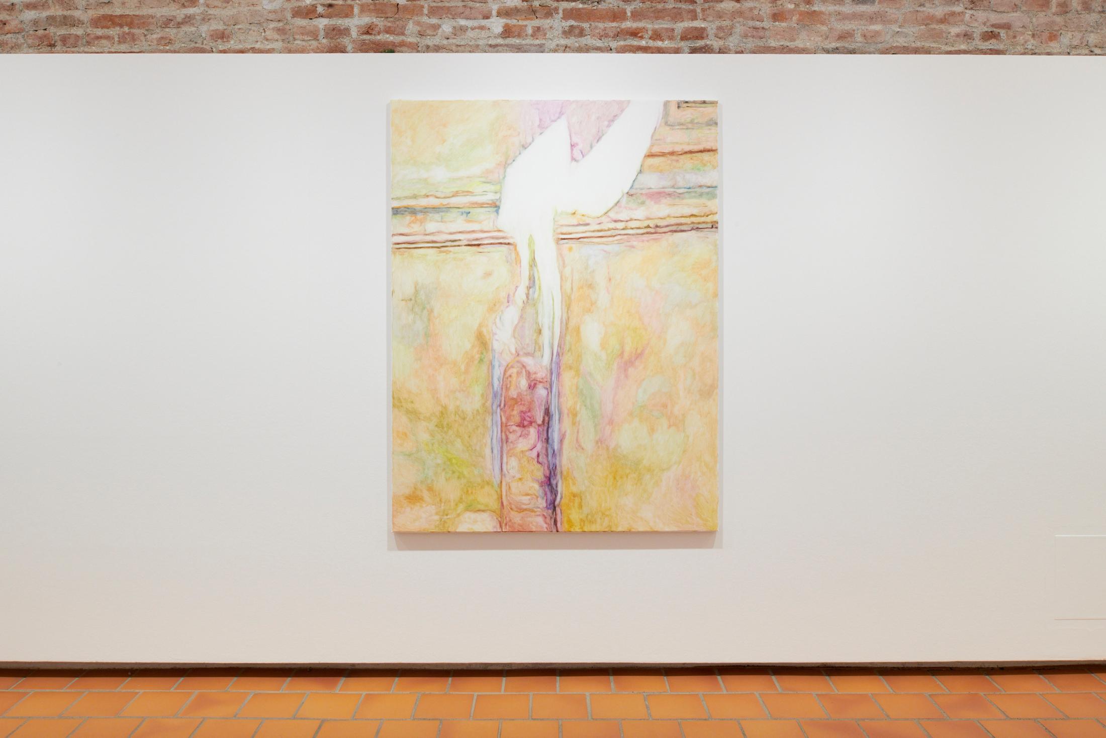 Exhibition View Grégory Sugnaux Solo Show «data romance; view on Grégory Sugneaux, Warmly Yours, 2022, 165x125cm, gouache and acrylic on canvas» at Château de Gruyères, Fribourg / Photo: Guillaume Python / Courtesy: the artist and Chateau de Gruyères