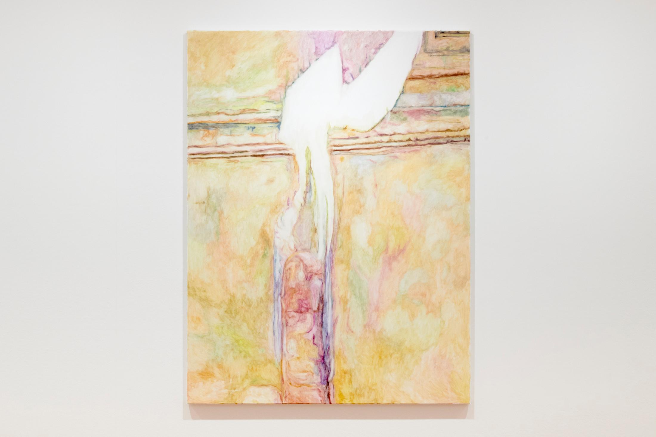 Exhibition View Grégory Sugnaux Solo Show «data romance; view on Grégory Sugneaux, Warmly Yours, 2022, 165x125cm, gouache and acrylic on canvas» at Château de Gruyères, Fribourg / Photo: Guillaume Python / Courtesy: the artist and Chateau de Gruyères