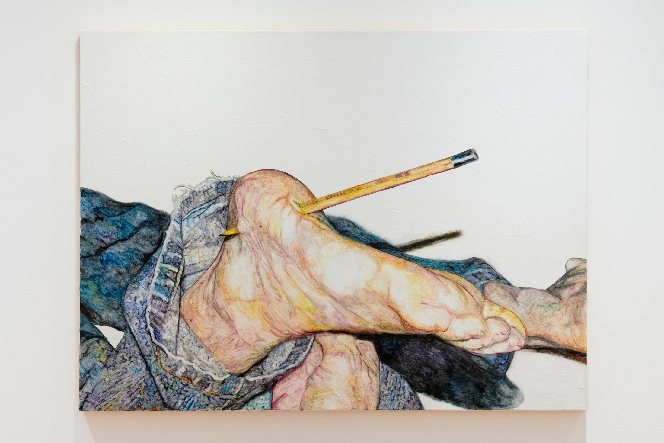 Exhibition View Grégory Sugnaux Solo Show «data romance; view on Grégory Sugneaux, Lamentation, 2022, 120x160cm, gouache and acrylic on canvas» at Château de Gruyères, Fribourg / Photo: Guillaume Python / Courtesy: the artist and Chateau de Gruyères