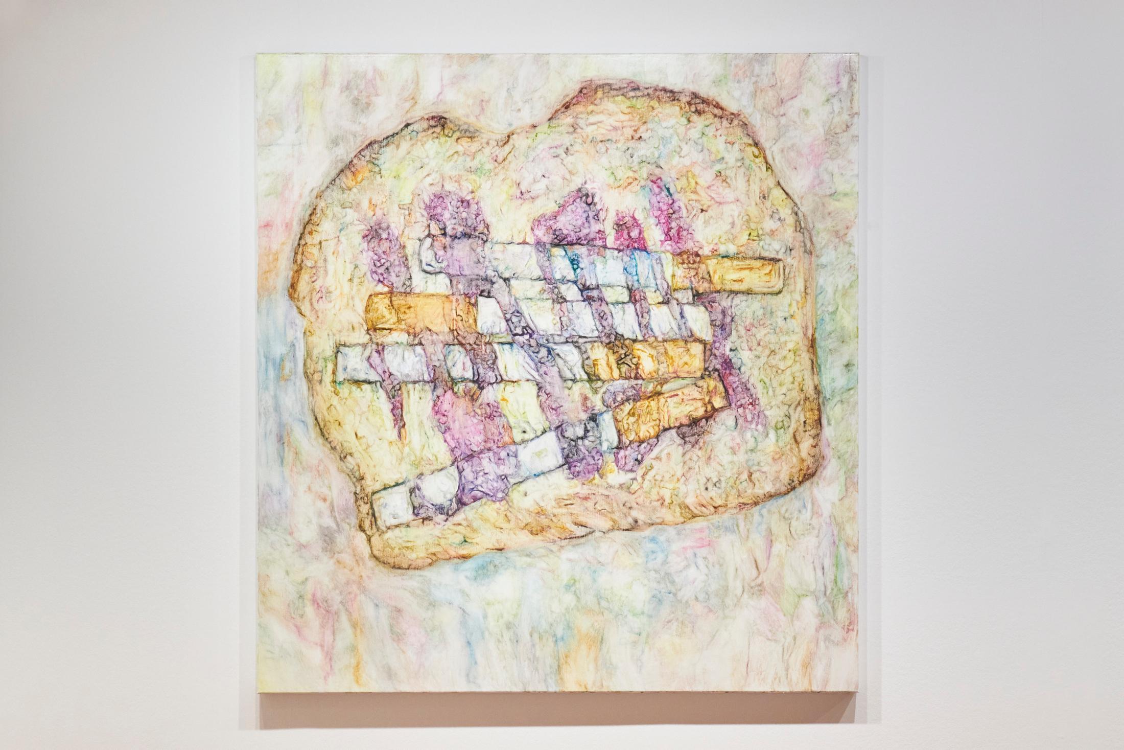 Exhibition View Grégory Sugnaux Solo Show «data romance; view on Grégory Sugneaux, Toast & Cigarettes, 2022, 170x160cm, gouache and acrylic on canvas» at Château de Gruyères, Fribourg / Photo: Guillaume Python / Courtesy: the artist and Chateau de Gruyères