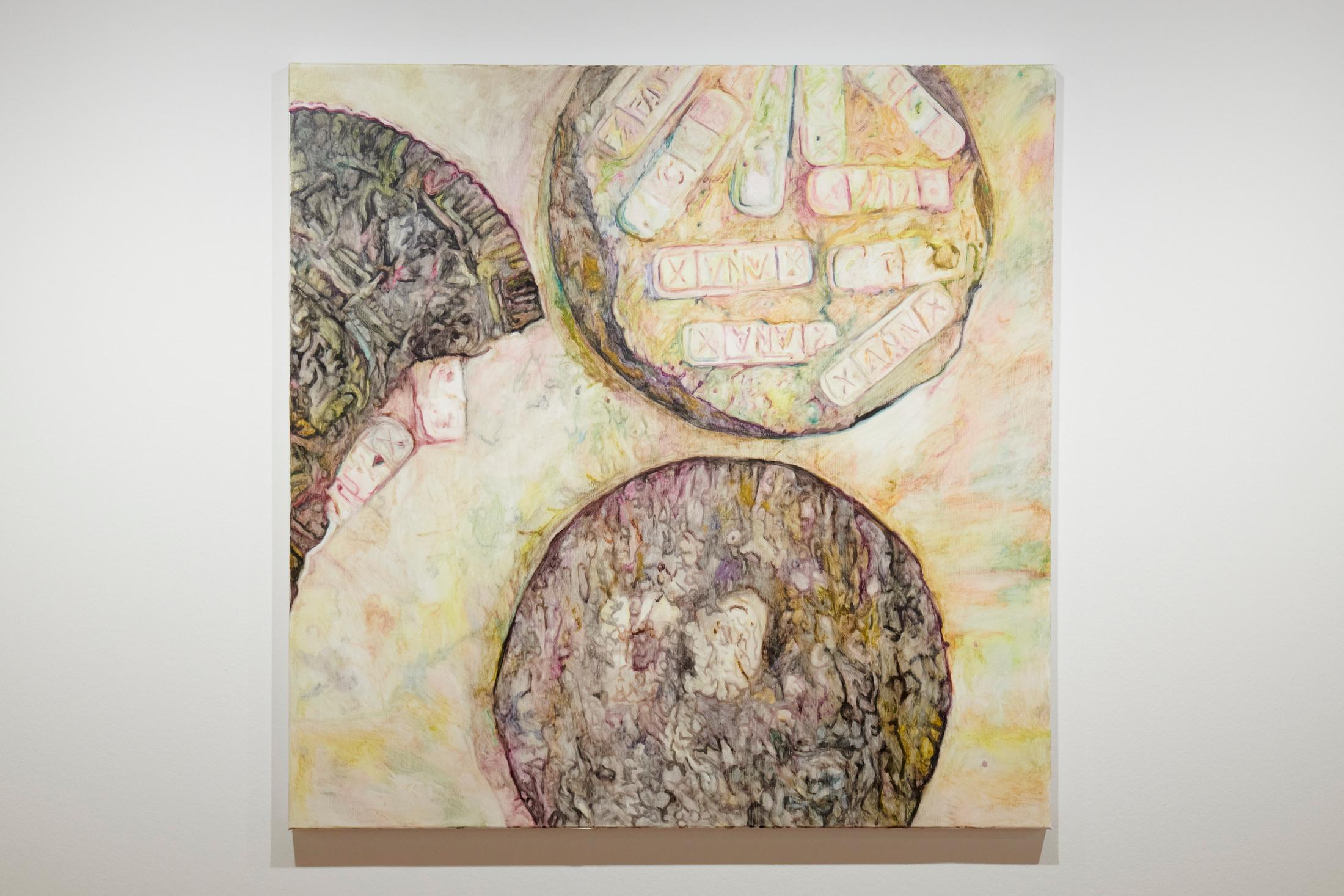 Exhibition View Grégory Sugnaux Solo Show «data romance; view on Grégory Sugneaux, Toast & Coma, 2022, 130x130cm, gouache and acrylic on canvas» at Château de Gruyères, Fribourg / Photo: Guillaume Python / Courtesy: the artist and Chateau de Gruyères