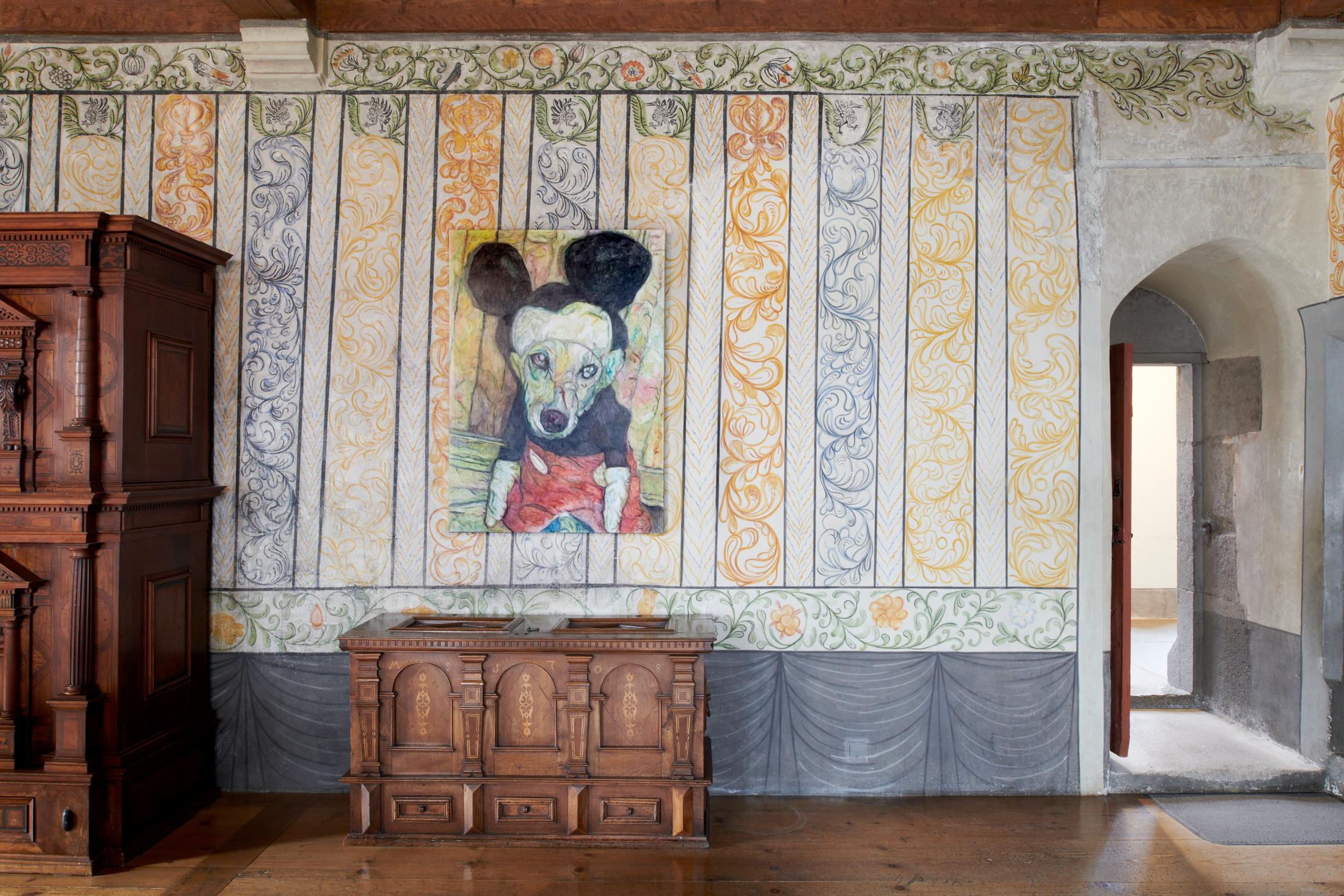 Exhibition View Grégory Sugnaux Solo Show «data romance; view on Grégory Sugneaux, Mickey, 2022, 140x100cm, gouache and acrylic on canvas» at Château de Gruyères, Fribourg / Photo: Guillaume Python / Courtesy: the artist and Chateau de Gruyères