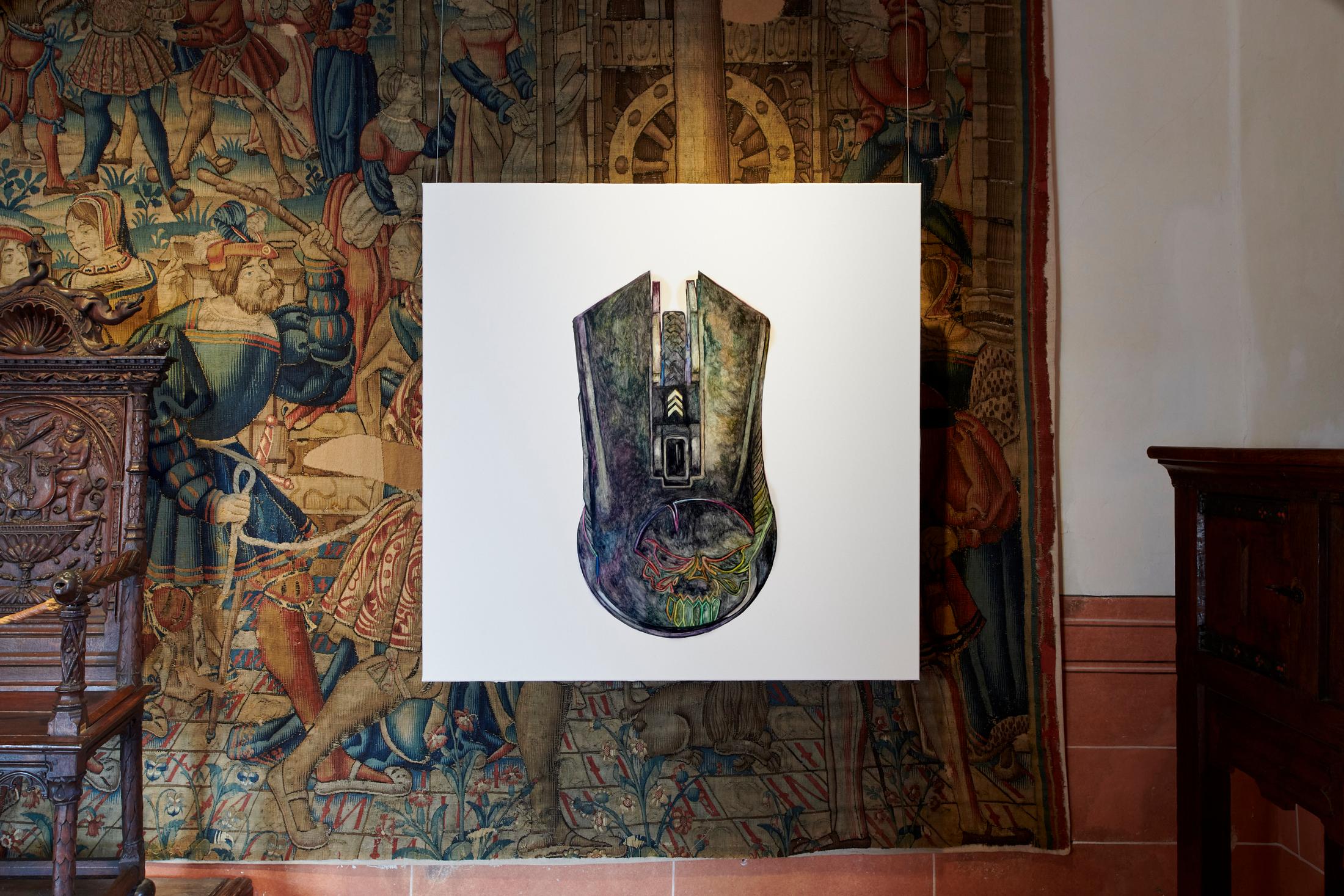 Exhibition View Grégory Sugnaux Solo Show «data romance; view on Grégory Sugneaux, Flat Embrace, 2022, 120x120cm, gouache and acrylic on canvas» at Château de Gruyères, Fribourg / Photo: Guillaume Python / Courtesy: the artist and Chateau de Gruyères