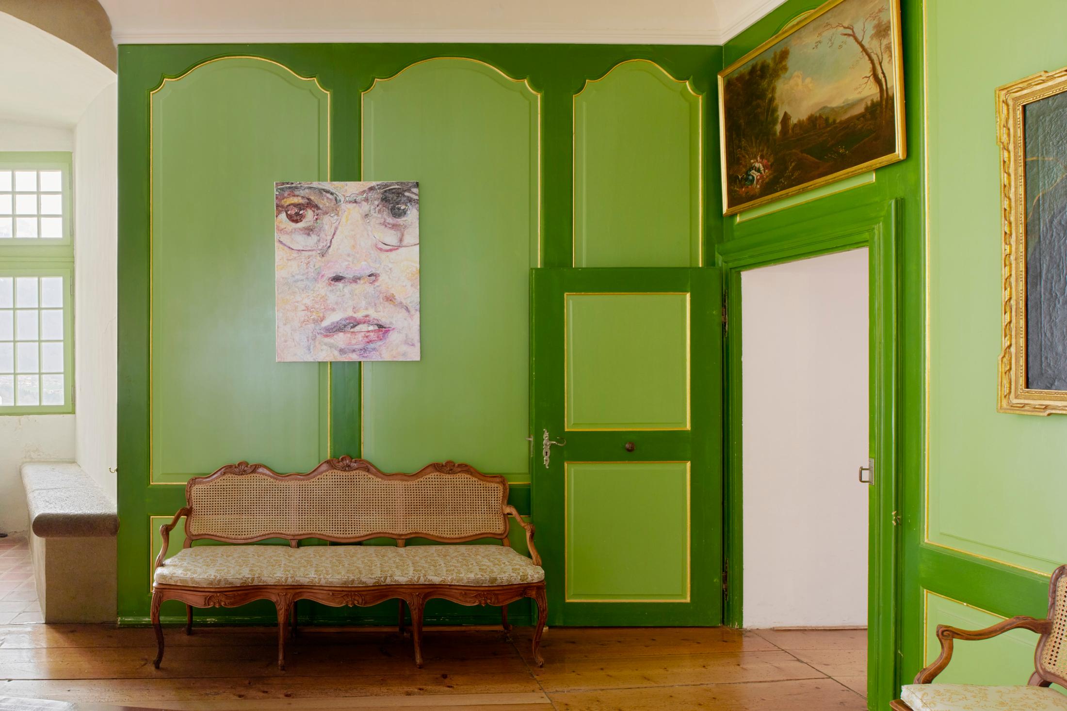 Exhibition View Grégory Sugnaux Solo Show «data romance; view on Grégory Sugneaux, Once in a Lifetime, 2020, 100x80cm, gouache and acrylic on canvas» at Château de Gruyères, Fribourg / Photo: Guillaume Python / Courtesy: the artist and Chateau de Gruyères