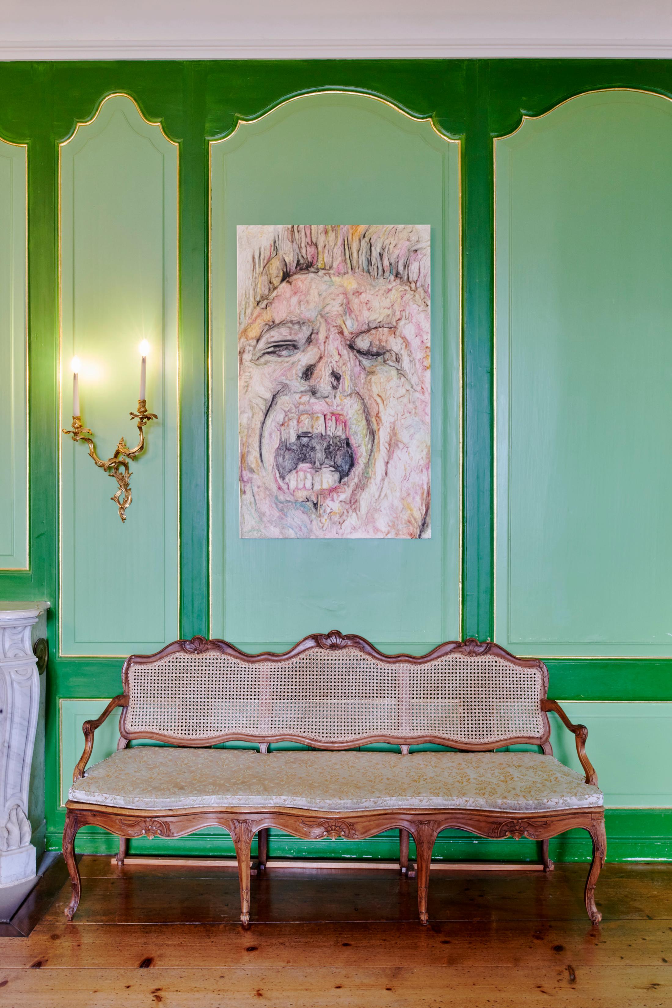 Exhibition View Grégory Sugnaux Solo Show «data romance; view on Grégory Sugneaux, Modern love, 2022, 130x80cm, gouache and acrylic on canvas» at Château de Gruyères, Fribourg / Photo: Guillaume Python / Courtesy: the artist and Chateau de Gruyères