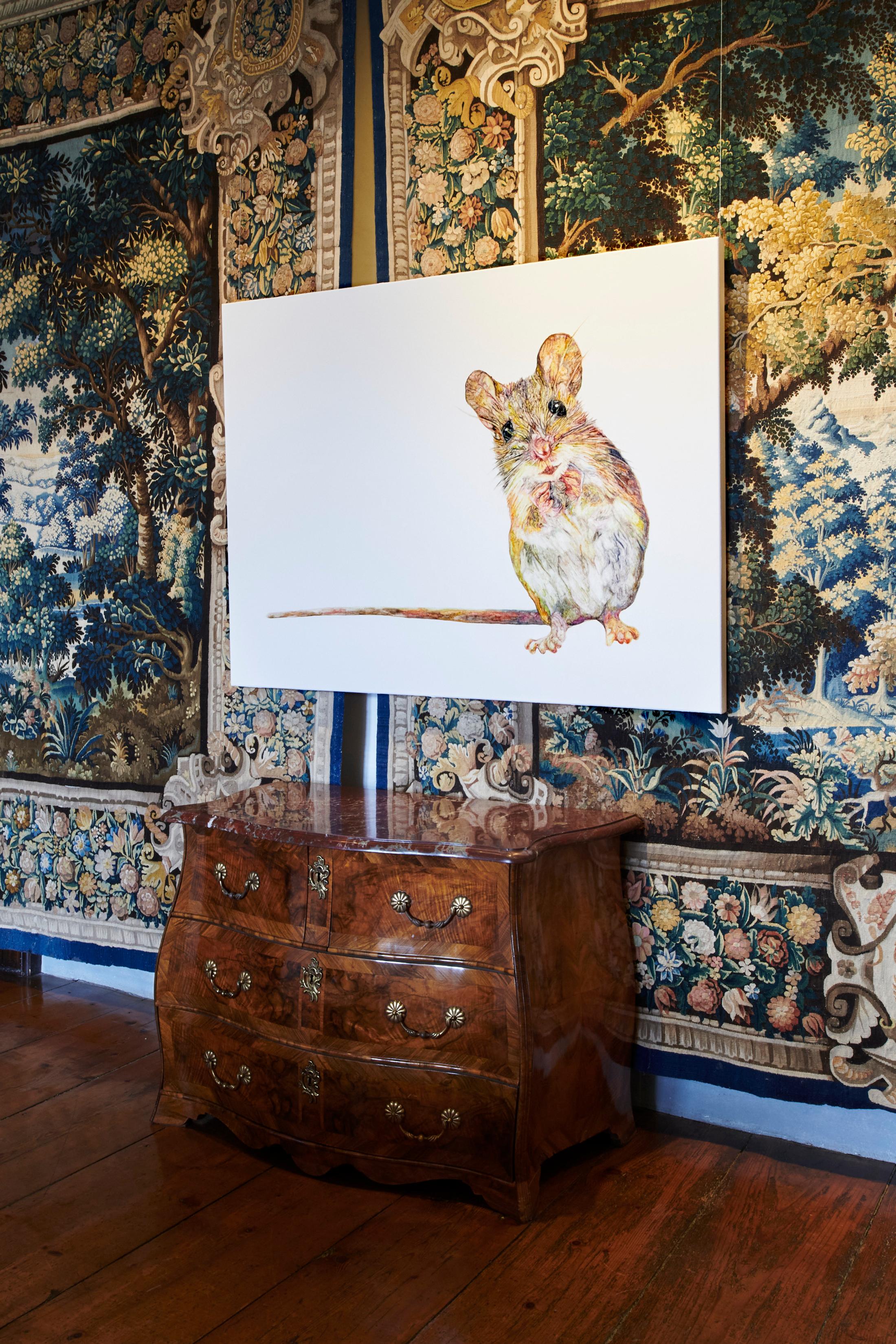 Exhibition View Grégory Sugnaux Solo Show «data romance; view on Grégory Sugneaux, La petite souris, 2022, 120x160cm, gouache and acrylic on canvas» at Château de Gruyères, Fribourg / Photo: Guillaume Python / Courtesy: the artist and Chateau de Gruyères