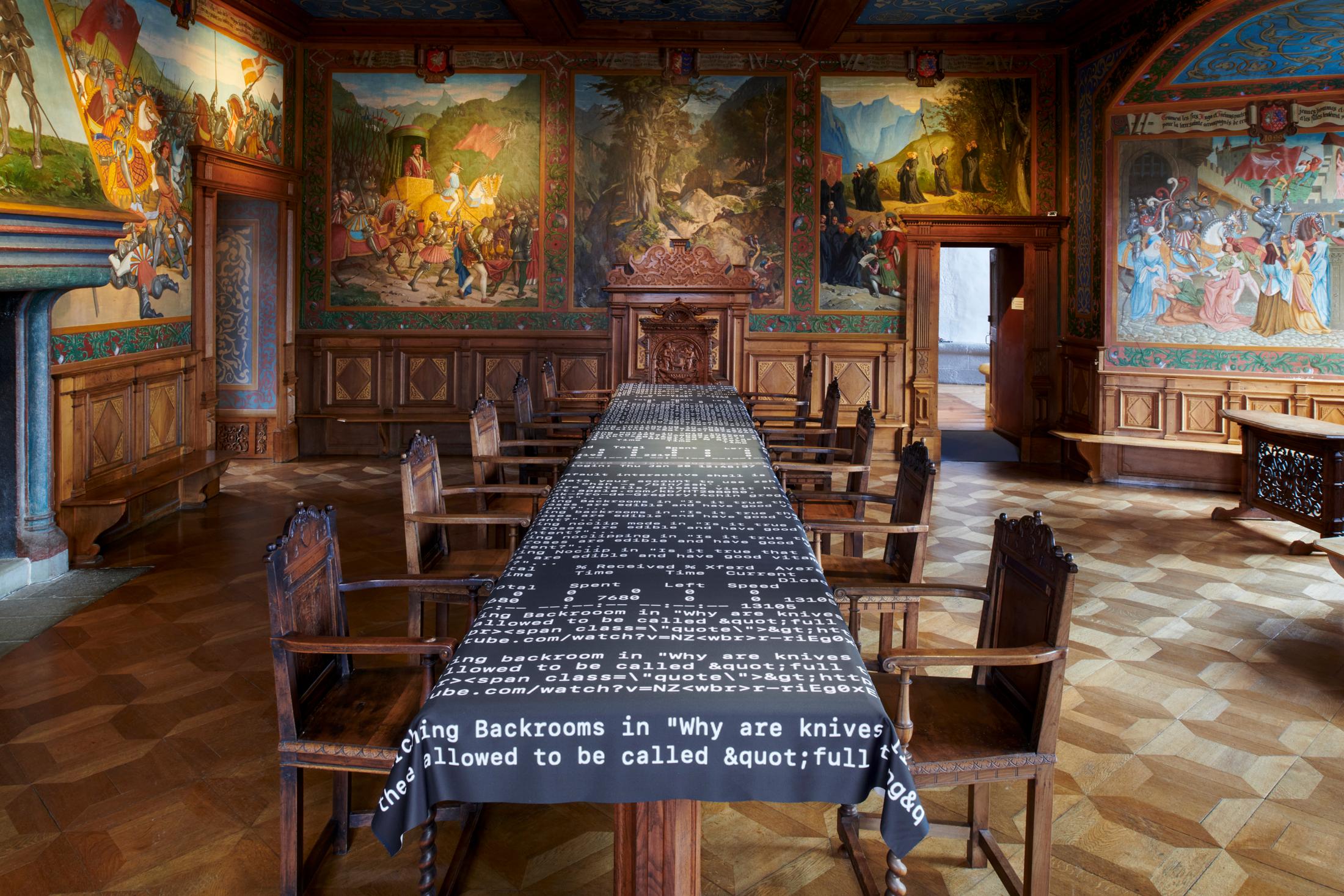 Exhibition View Grégory Sugnaux Solo Show «data romance; view on Grégory Sugneaux, Unsettling Images, 2022, 670x140cm» at Château de Gruyères, Fribourg / Photo: Guillaume Python / Courtesy: the artist and Chateau de Gruyères