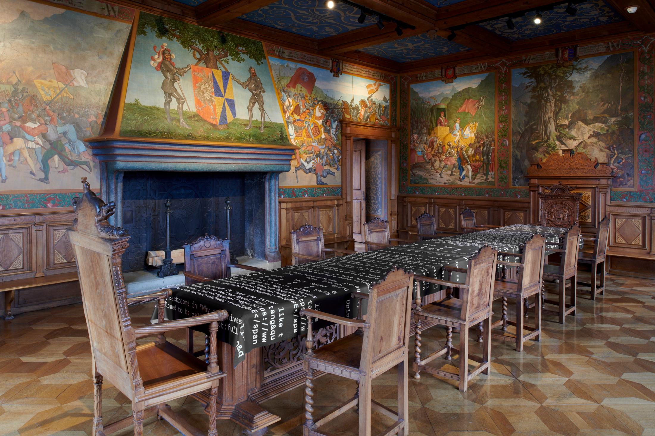 Exhibition View Grégory Sugnaux Solo Show «data romance; view on Grégory Sugneaux, Unsettling Images, 2022, 670x140cm» at Château de Gruyères, Fribourg / Photo: Guillaume Python / Courtesy: the artist and Chateau de Gruyères