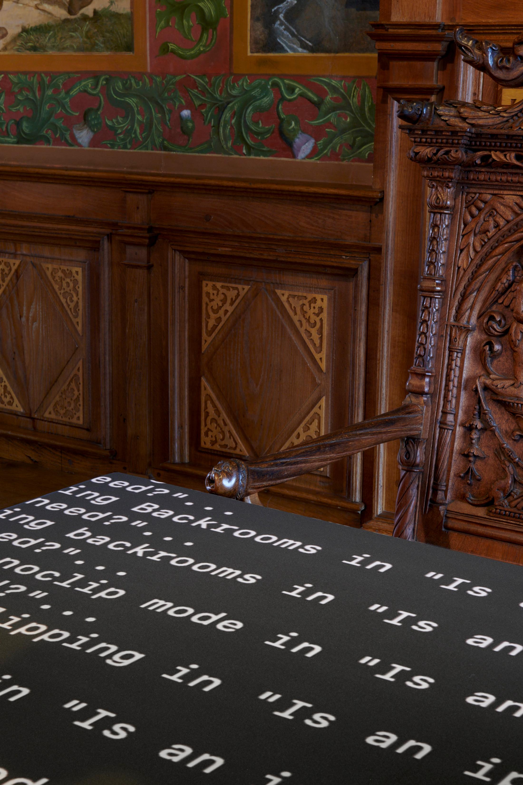 Exhibition View Grégory Sugnaux Solo Show «data romance; view on Grégory Sugneaux, Unsettling Images, 2022, 670x140cm» at Château de Gruyères, Fribourg / Photo: Guillaume Python / Courtesy: the artist and Chateau de Gruyères