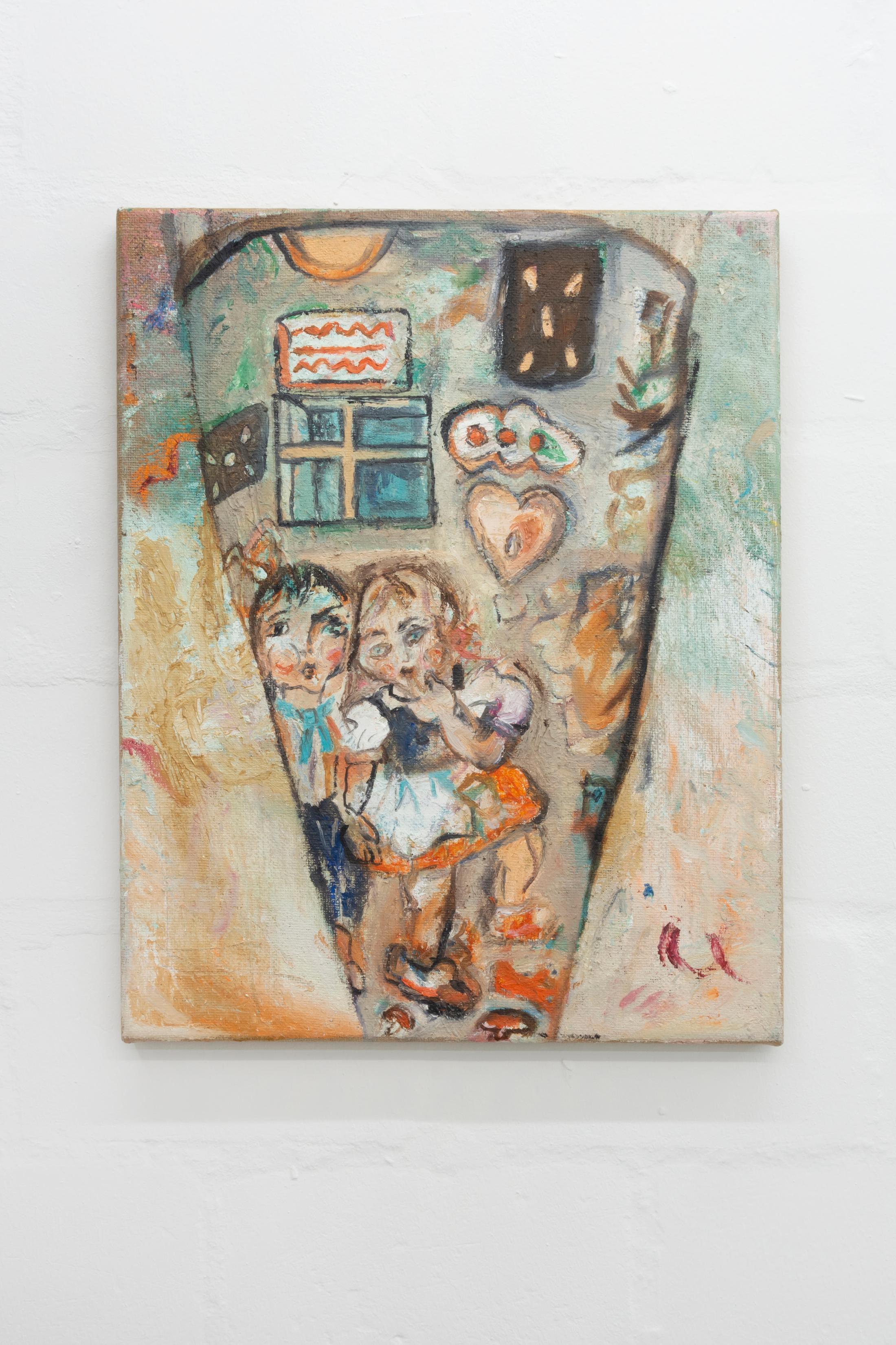 Exhibition View Group Show «Group Show 01; view on Isadora Vogt, die Zuckertüte I, 2021» at Die Treppe, Birsfelden, 2021 / Photo and Courtesy: the artists and Die Treppe / Jan Kiefer