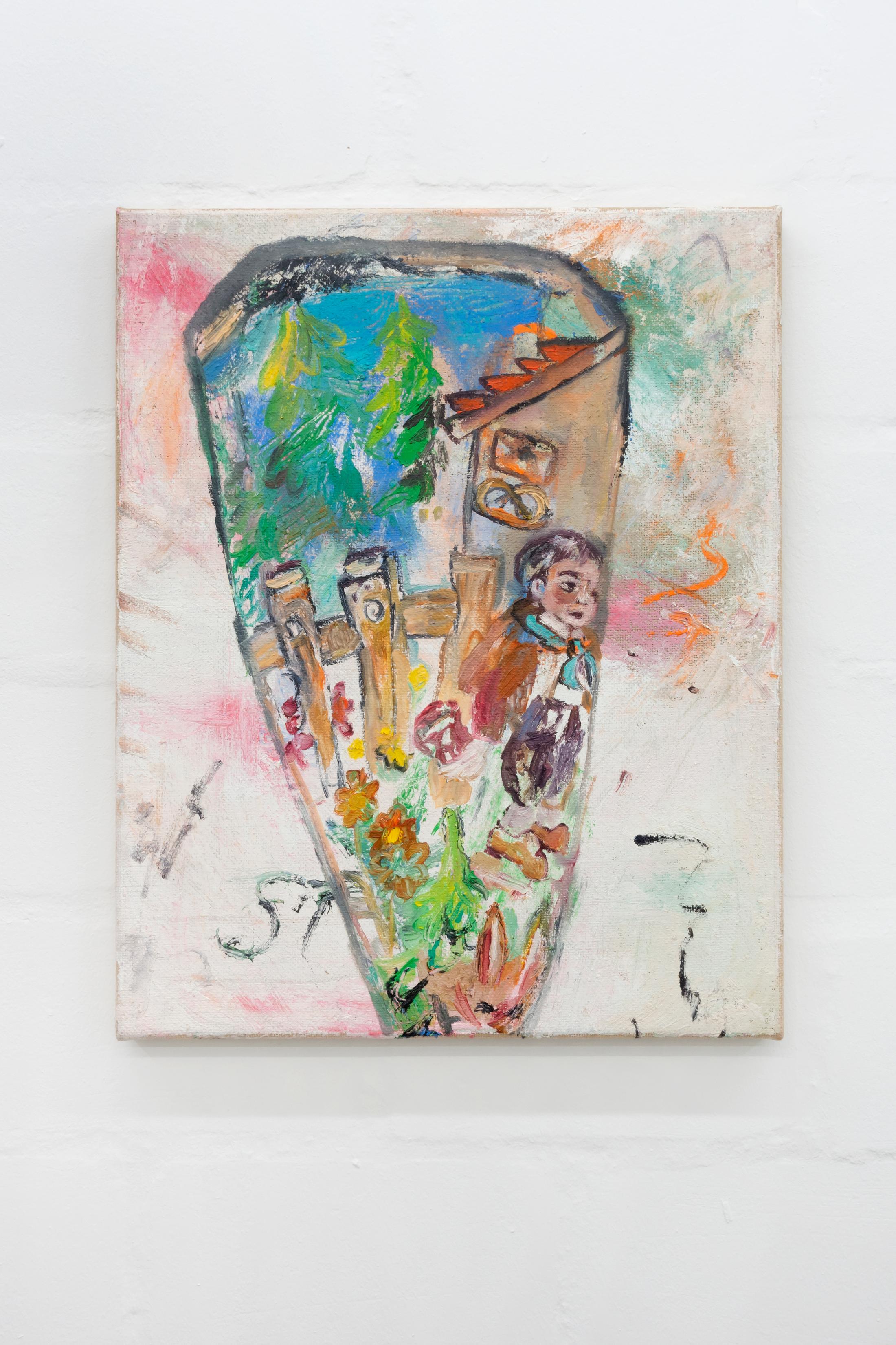 Exhibition View Group Show «Group Show 01; view on Isadora Vogt, die Zuckertüte II, 2021» at Die Treppe, Birsfelden, 2021 / Photo and Courtesy: the artists and Die Treppe / Jan Kiefer