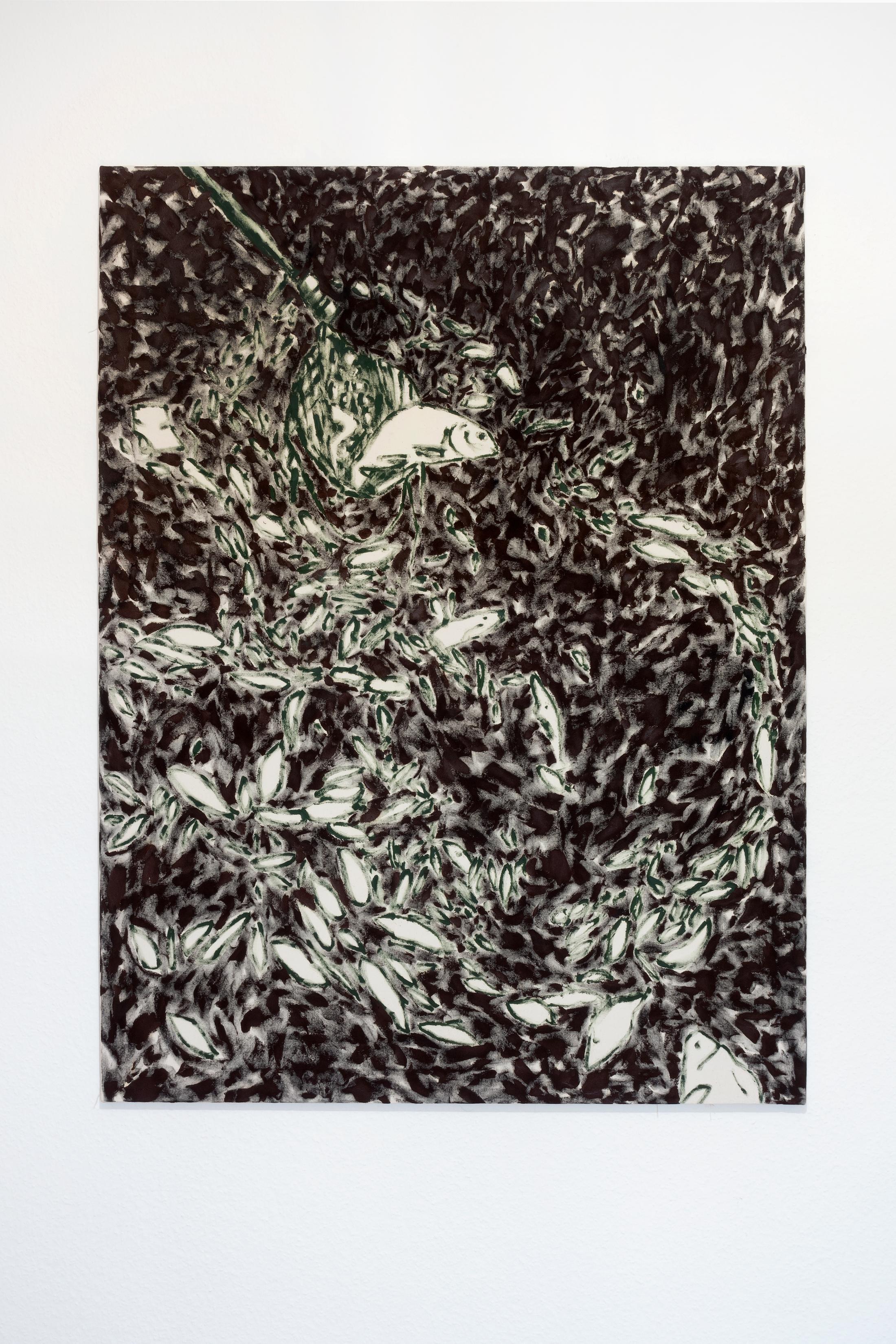 Exhibition View Group Show «Group Show 01; view on Selina Zurkirch, Fischsterben, 2020» at Die Treppe, Birsfelden, 2021 / Photo and Courtesy: the artist and Die Treppe / Jan Kiefer