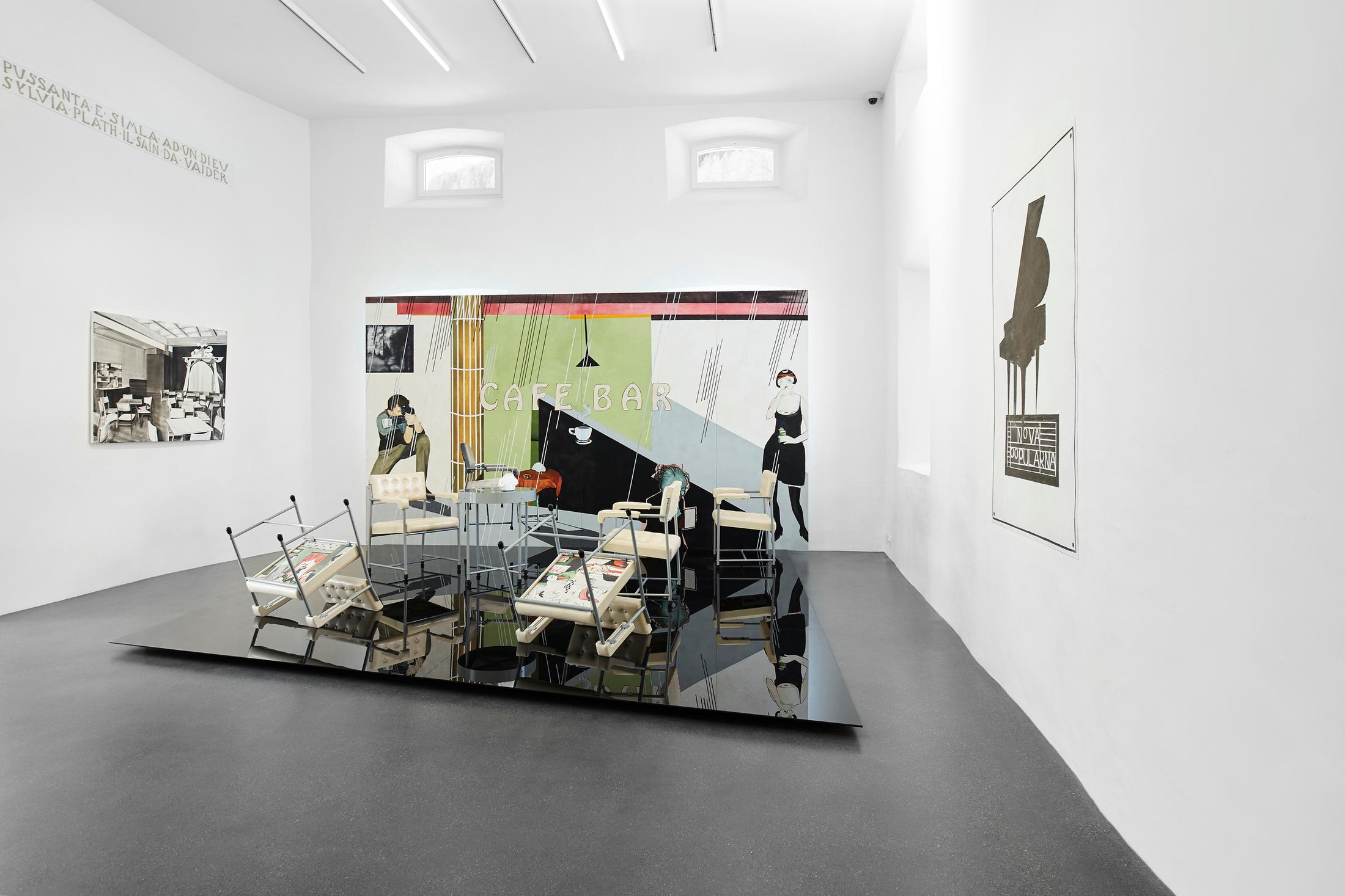 Exhibition View Groupshow «A Women Looking at Men Looking at Women ; site-specific permanent installation Paulina Ołowska, Cafe Bar, 2011-18» at Muzeum Susch / Photo: Zosia Prominska / Courtesy Muzeum Susch