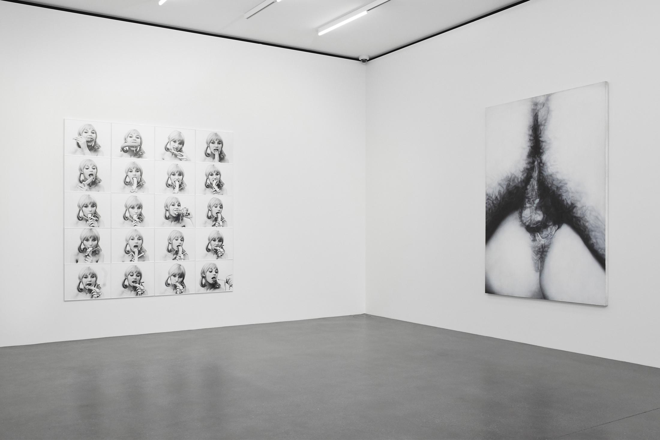 Exhibition View Groupshow «A Women Looking at Men Looking at Women ; view on Natalia LL (Natalia Lach-Lachowicz), Consumer Art, 1972 and Betty Tompkins, Fuck Painting #9, 1974» at Muzeum Susch / Photo: Zosia Prominska / Courtesy Muzeum Susch