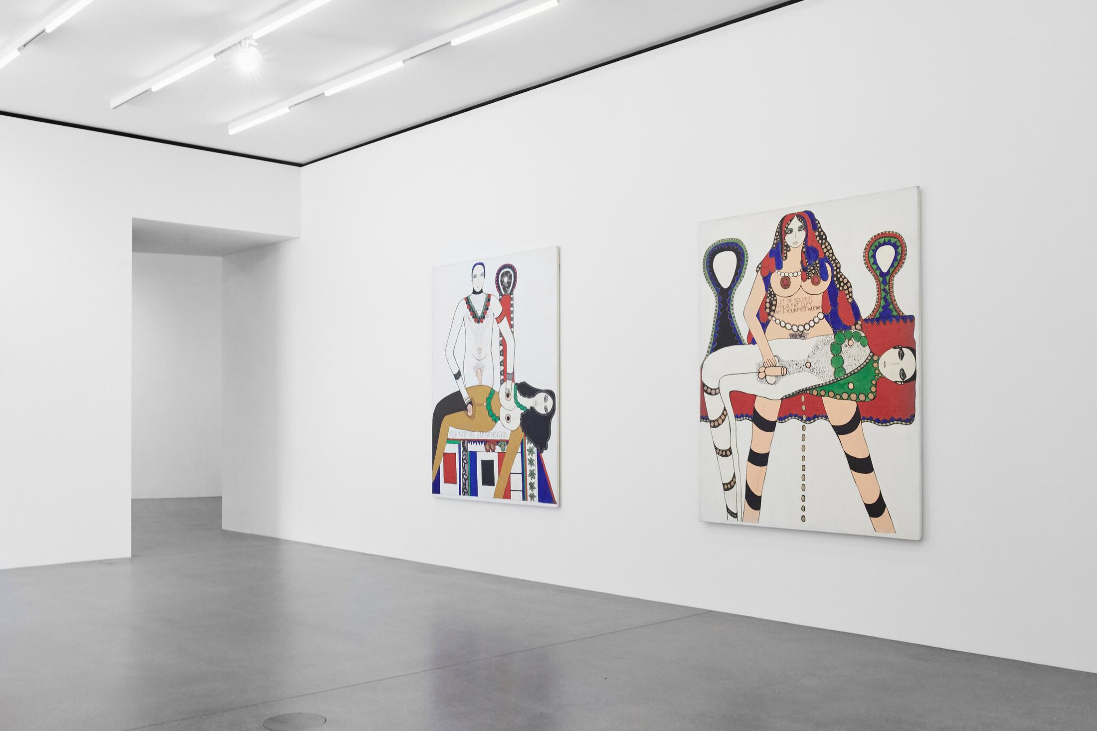 Exhibition View Groupshow «A Women Looking at Men Looking at Women ; view on Dorothy Iannone, Your Names Are Love Father God, 1970/71 and Let Me Squeeze Your Fat Cunt, 1970/71» at Muzeum Susch / Photo: Zosia Prominska / Courtesy Muzeum Susch