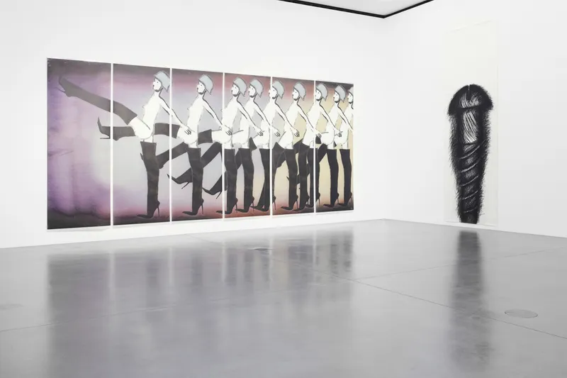 Exhibition View Groupshow «A Women Looking at Men Looking at Women ; view on Ida Applebroog, The Ethics of Desire, 2013 and Judith Bernstein, One Panel Vertical #1, 1978» at Muzeum Susch / Photo: Zosia Prominska / Courtesy Muzeum Susch