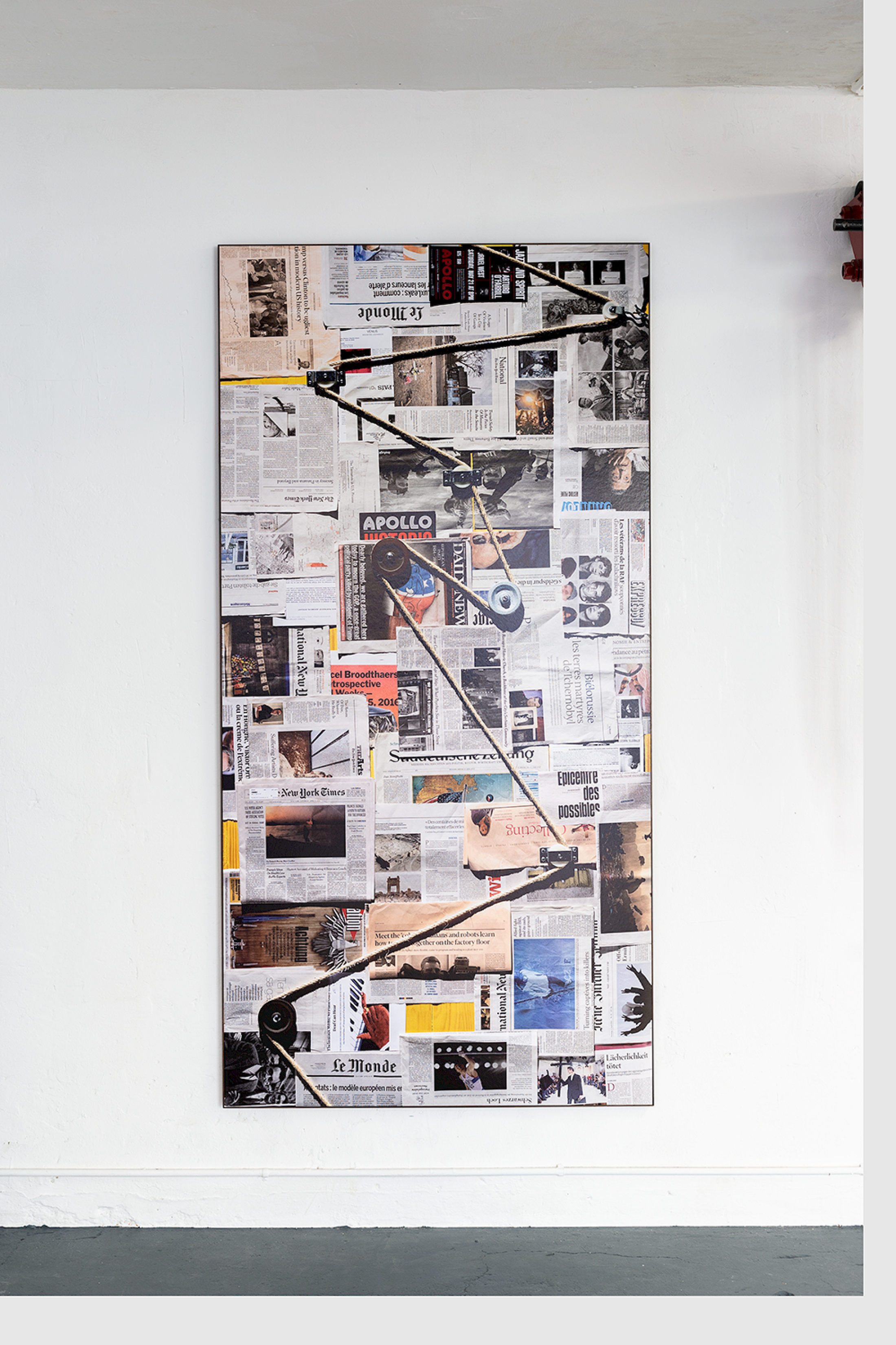 Installation View Groupshow «Double Take / view on Vittorio Santoro, Pulleys (Newspaper Jan.–May 2016), II, 2016» at Last Tango Zurich, 2018 / Photography: Kilian Bannwart / Courtesy: the artists and Last Tango