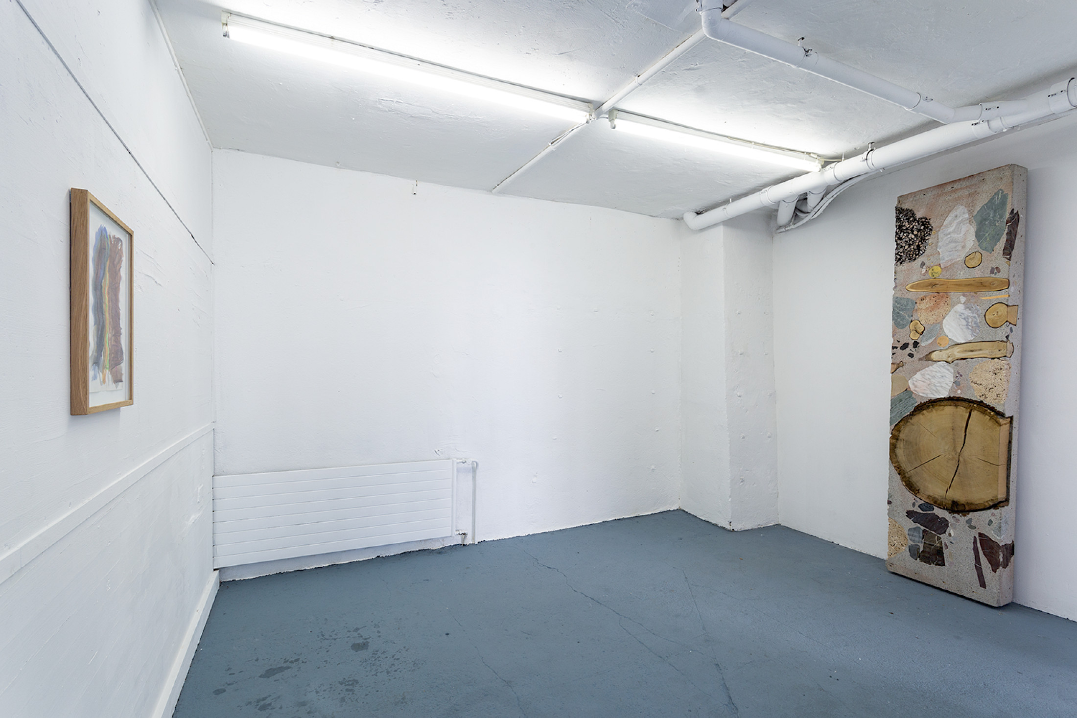 Installation View Groupshow «Double Take» with Chérif & Silvie Defraoui, Manon Wertenbroek, Jason Dodge, Bruno Jakob, Per Kirkeby, Katja Schenker, Vittorio Santoro, Simon Starling, Gregory Hari, Samson Young, Michael Etzensperger, Christoph Hefti at Last Tango Zurich, 2018 / Photography: Kilian Bannwart / Courtesy: the artists and Last Tango