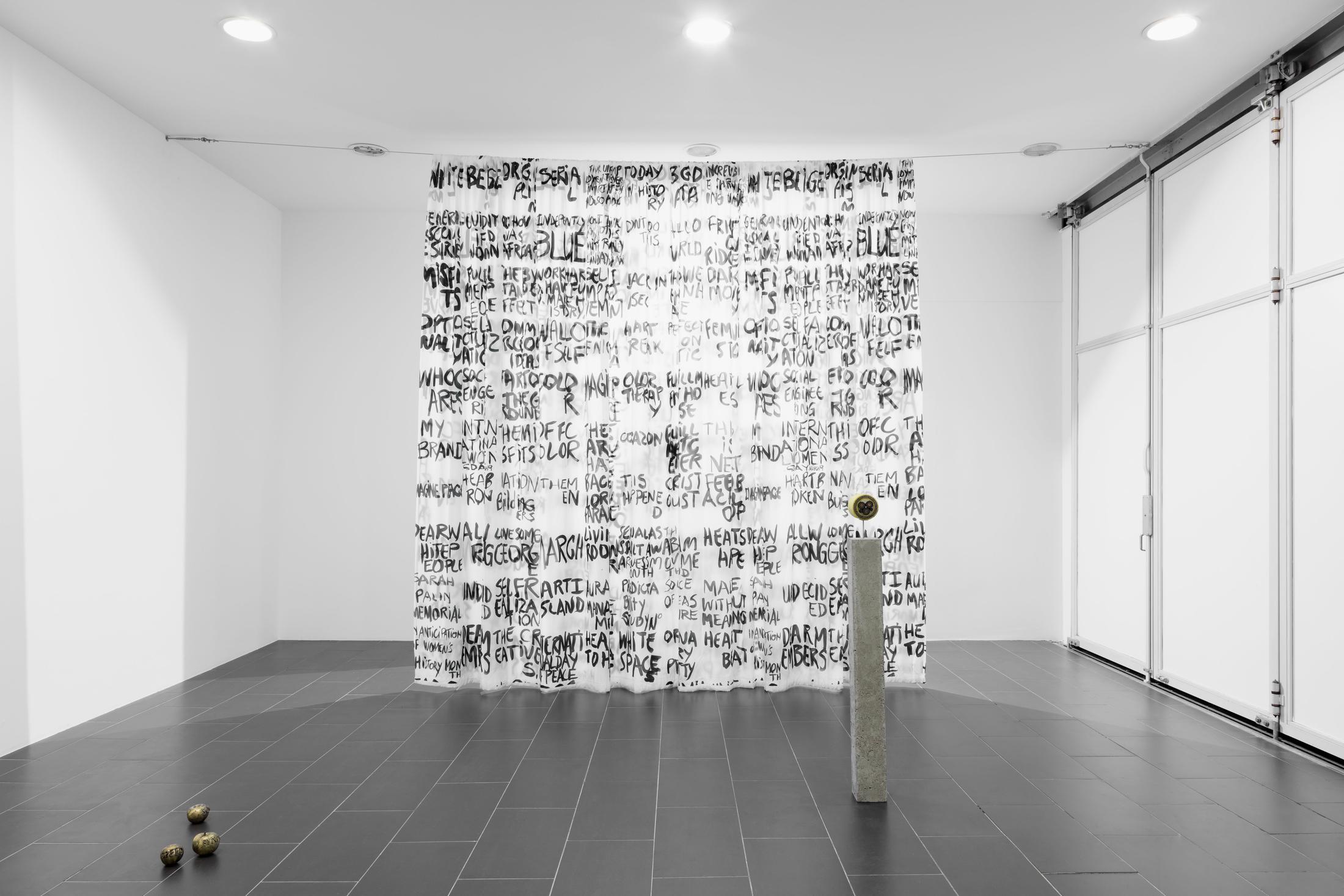 Exhibition View Groupshow «Hunter Of Worlds / view on Alan Schmalz, Speed syndrom society and s*** (2018), detail; Rochelle Feinstein, Ear to the Ground (2017); Nina Canell, Brief Syllable (Tripled) (2018)» at SALTS, Birsfelden / Photo: Gunnar Meier / Courtesy: the artist and SALTS