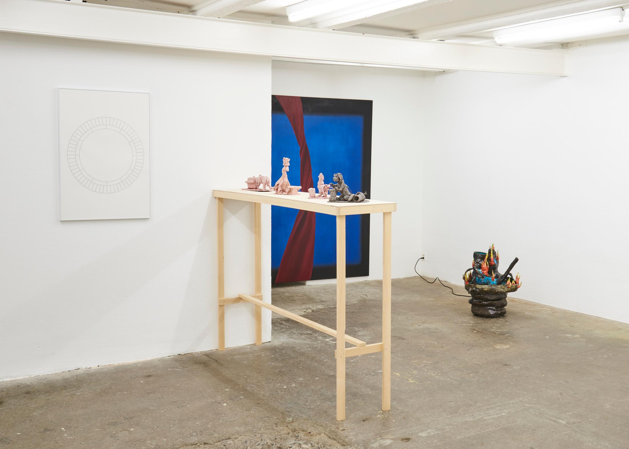 Exhibition View Groupshow «If it's Conceivable it's Possible» with Marilou Bal, Mathieu Dafflon, Anna Diehl, Séverine Heizmann, Maya Hottarek, Matthias Liechti, Ivan Mitrovic, Raphael Stucky and Cassidy Toner at WallRiss, Fribourg / Photo: Guillaume Baeriswyl